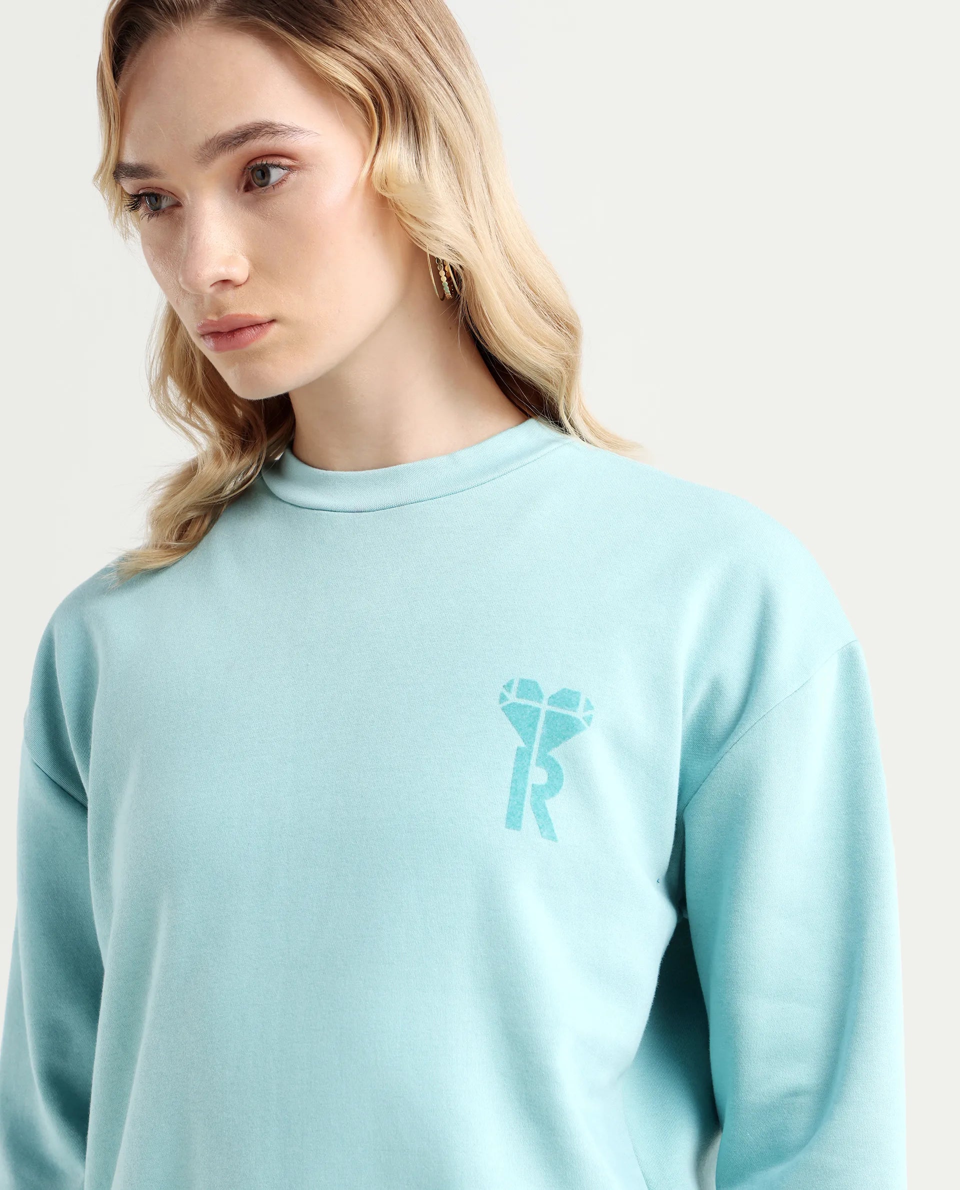 Rareism Women's Pelso Turq Polyester Blend Ribbed Collar Plain Cuffed Sleeve Relaxed Fit Sweatshirt