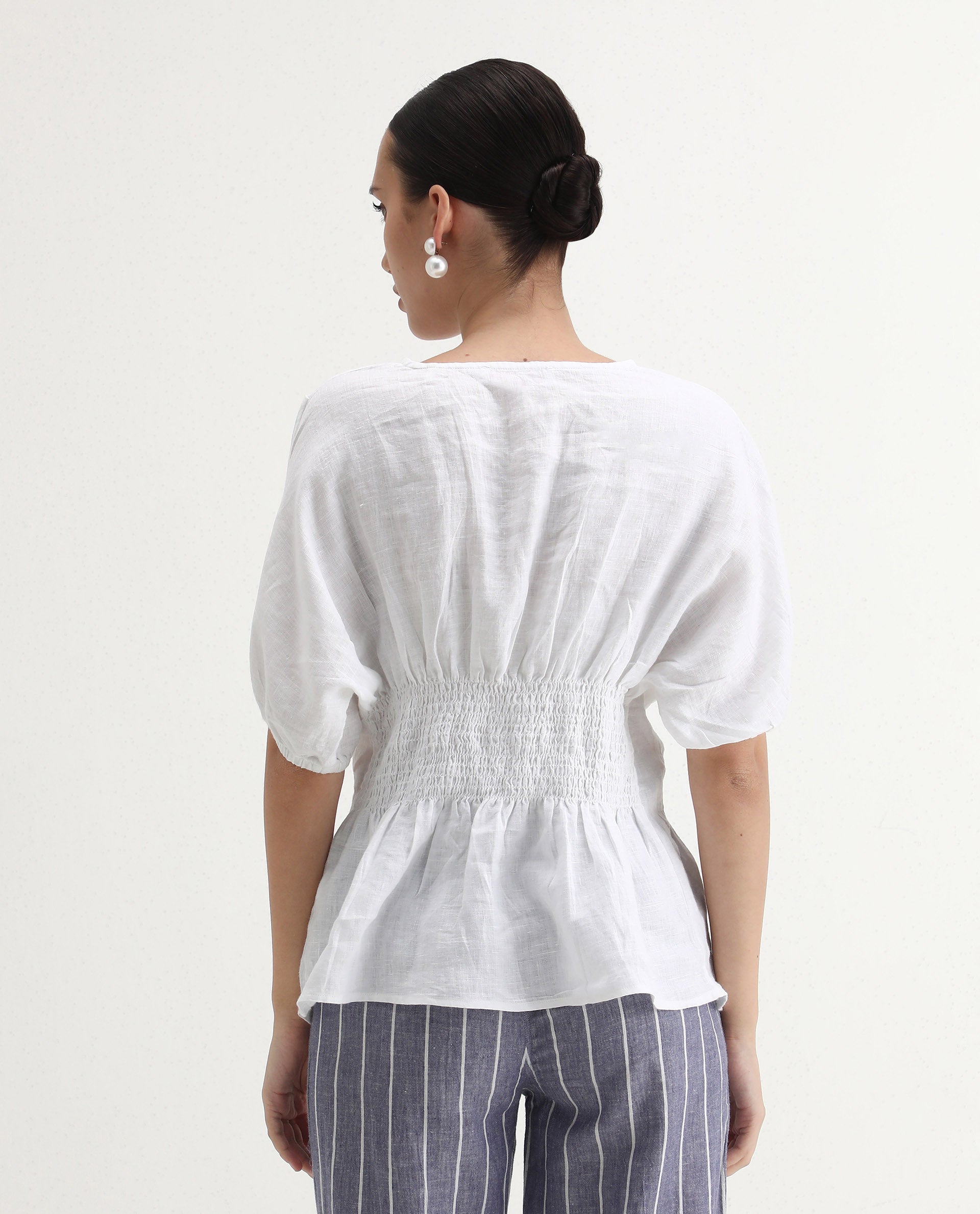 Rareism Women's Perdue White Linen V-Neck Plain Puff Sleeves Regular Fit Top