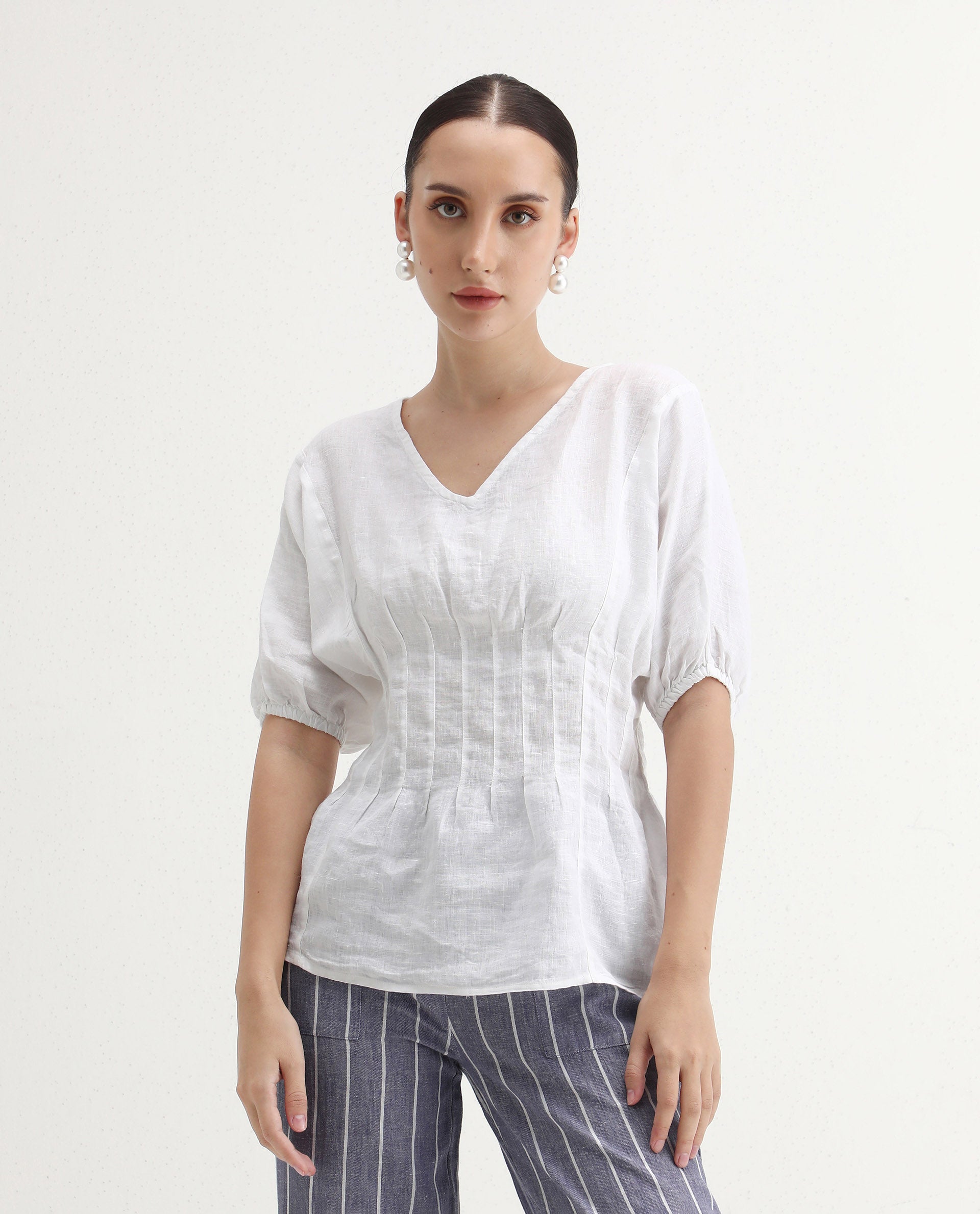 Rareism Women's Perdue White Linen V-Neck Plain Puff Sleeves Regular Fit Top