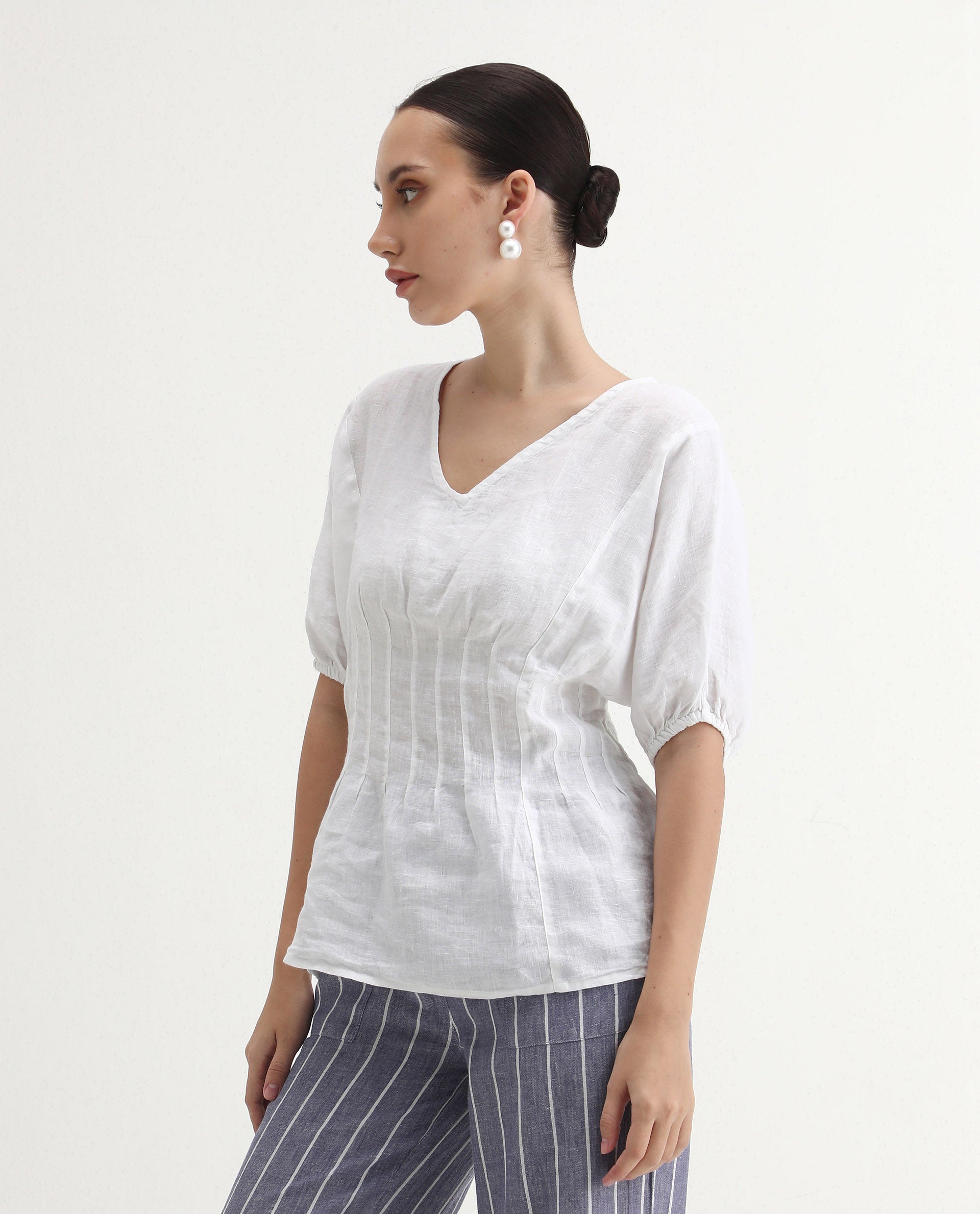 Rareism Women's Perdue White Linen V-Neck Plain Puff Sleeves Regular Fit Top