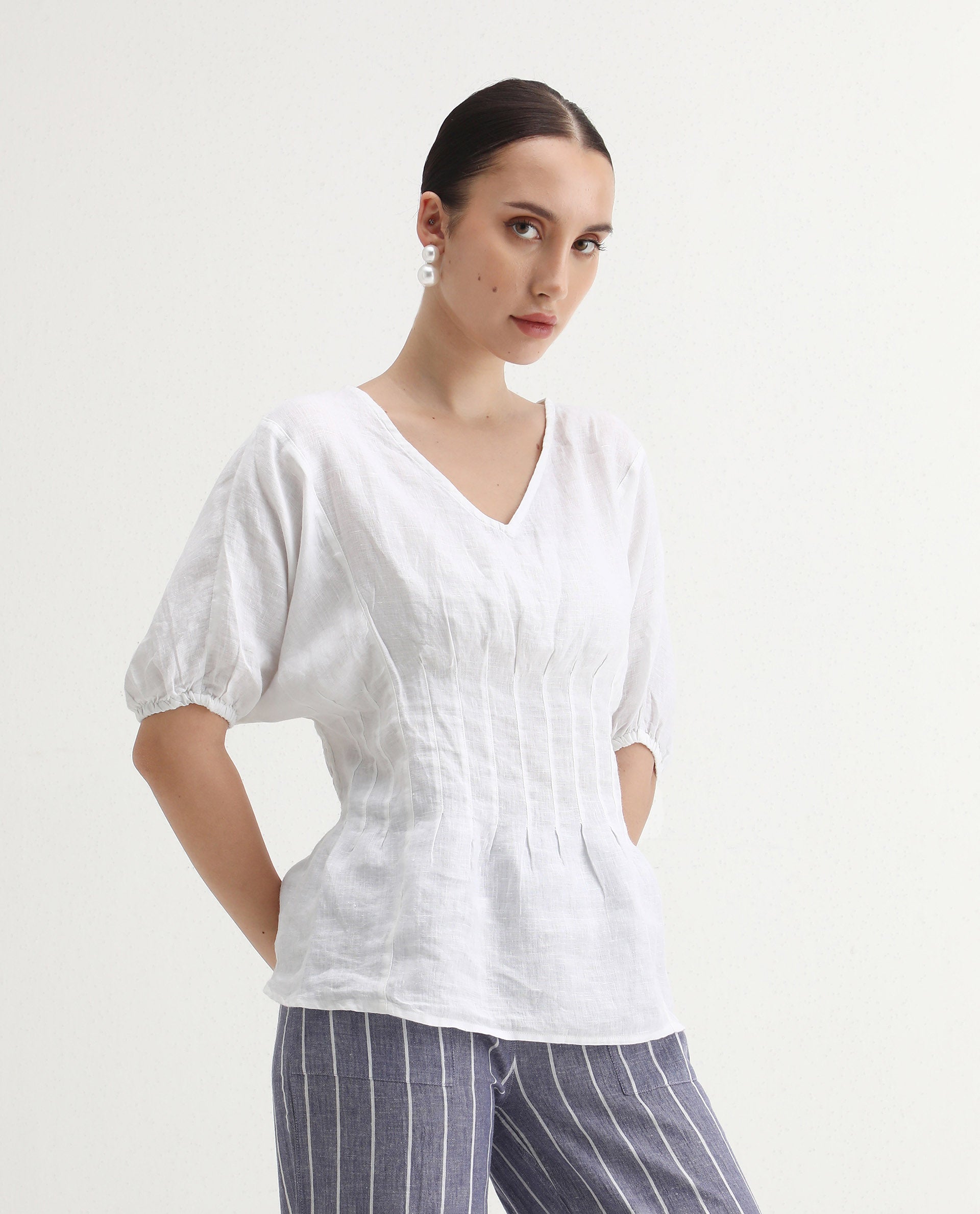 Rareism Women's Perdue White Linen V-Neck Plain Puff Sleeves Regular Fit Top