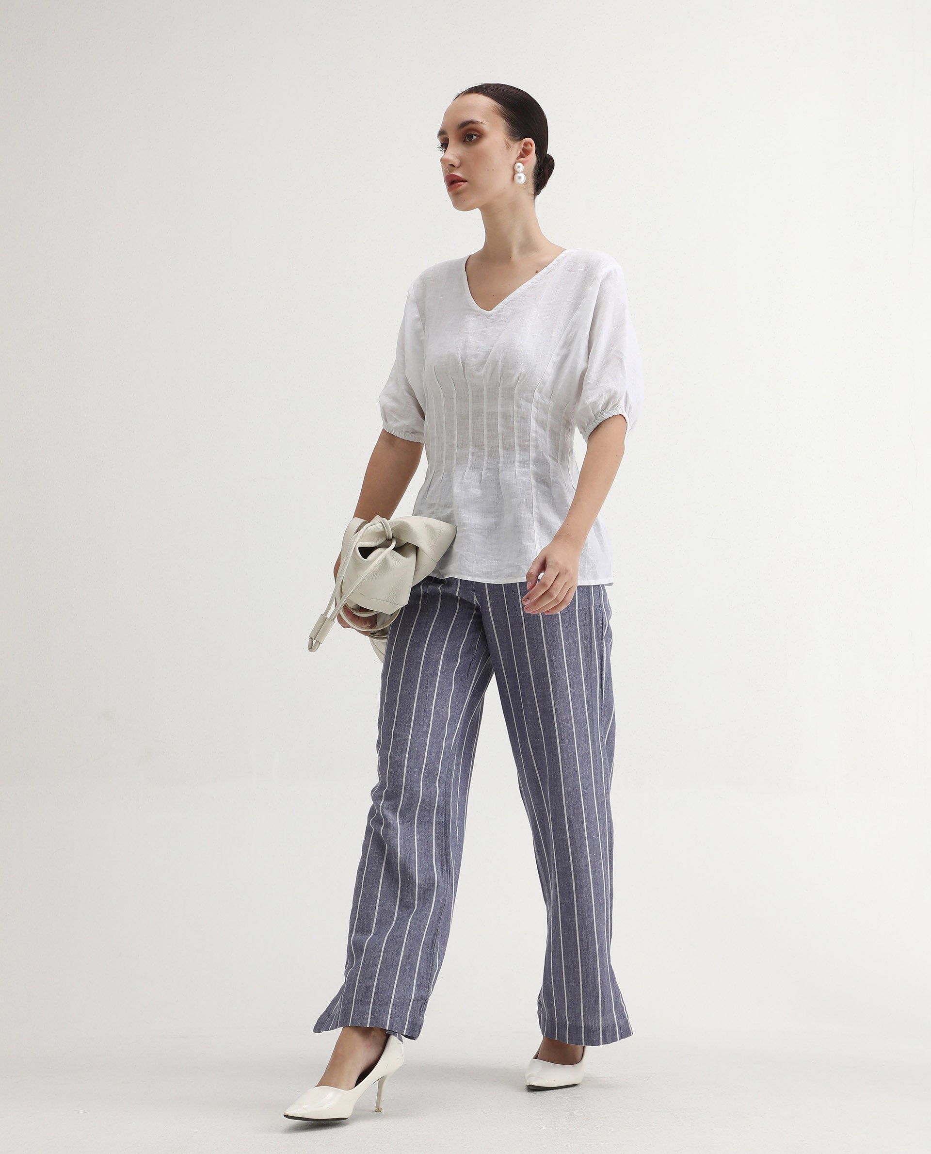 Rareism Women's Perdue White Linen V-Neck Plain Puff Sleeves Regular Fit Top