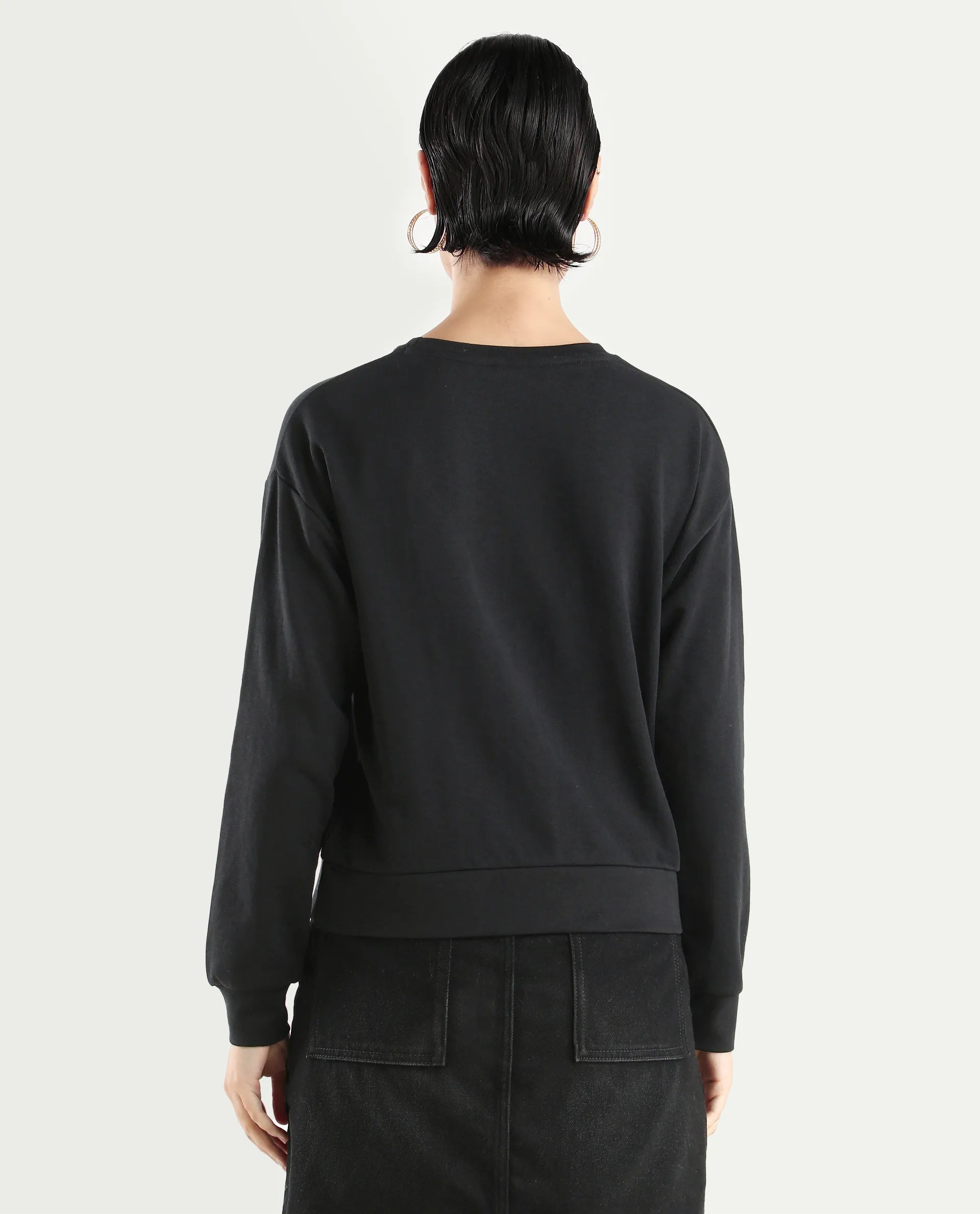 Rareism Women's Perio Black Cotton Blend Crew Neck Graphic Print Regular Fit Sweatshirt