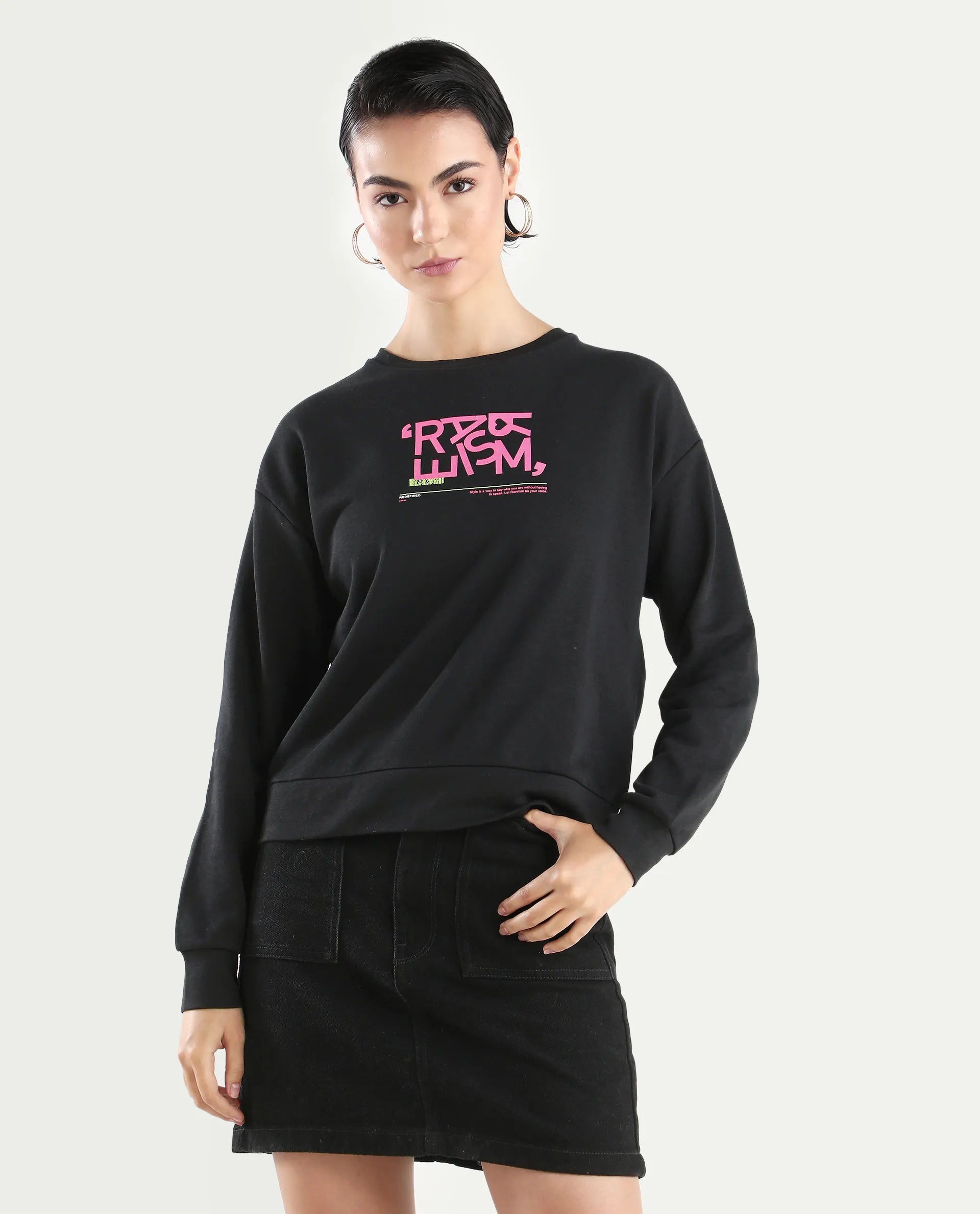 Rareism Women's Perio Black Cotton Blend Crew Neck Graphic Print Regular Fit Sweatshirt