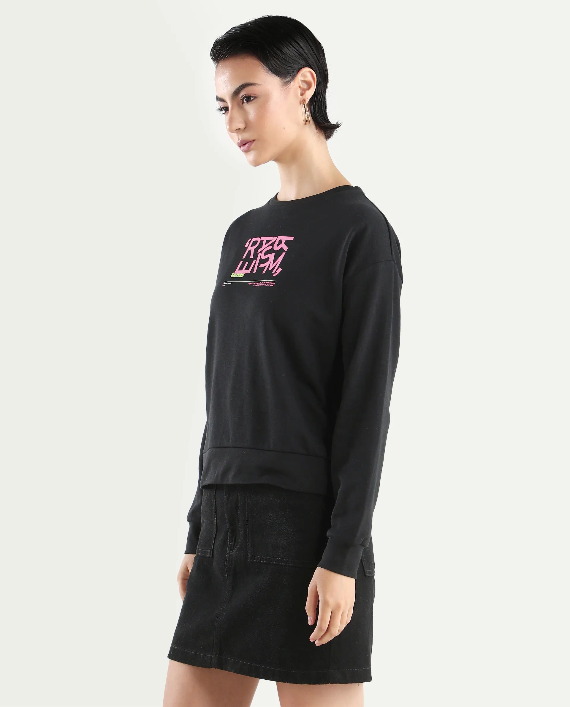 Rareism Women's Perio Black Cotton Blend Crew Neck Graphic Print Regular Fit Sweatshirt
