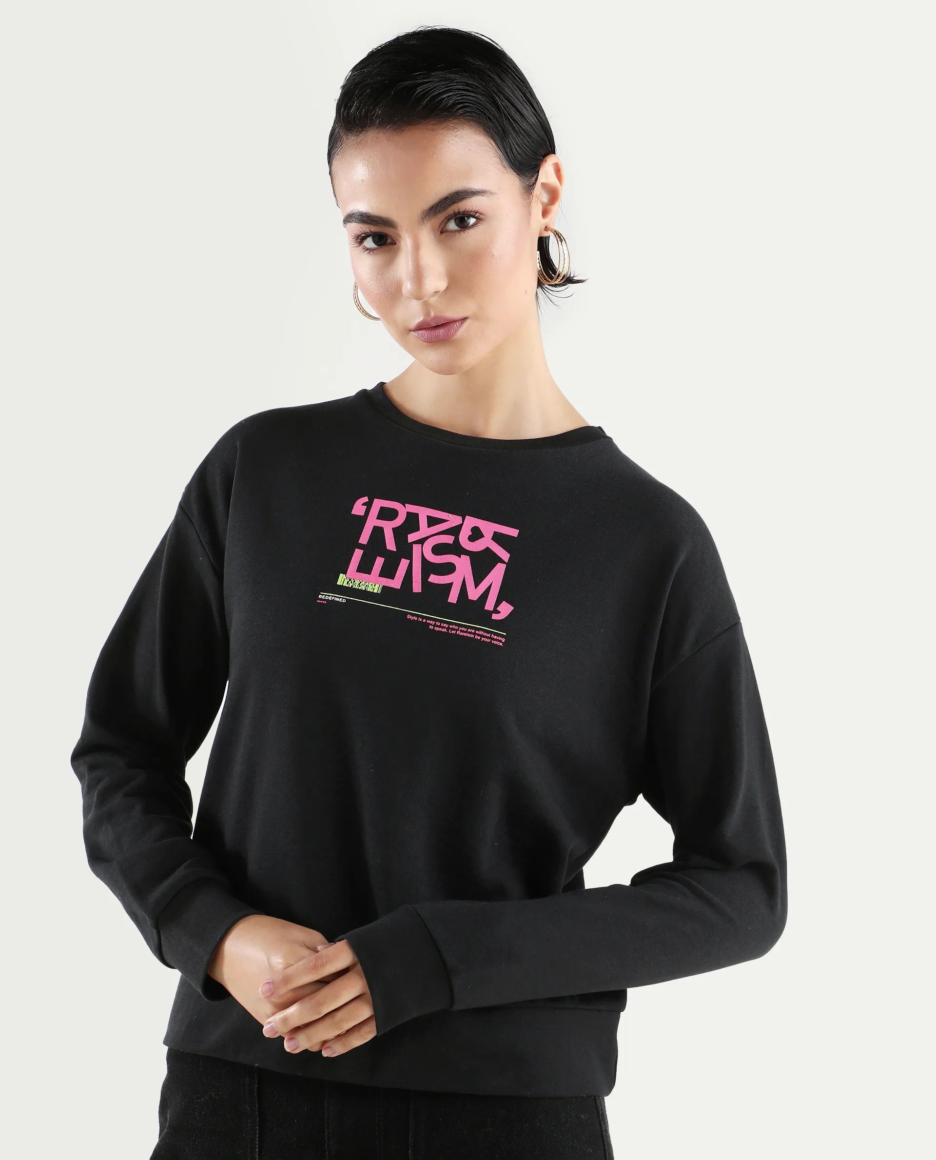 Rareism Women's Perio Black Cotton Blend Crew Neck Graphic Print Regular Fit Sweatshirt