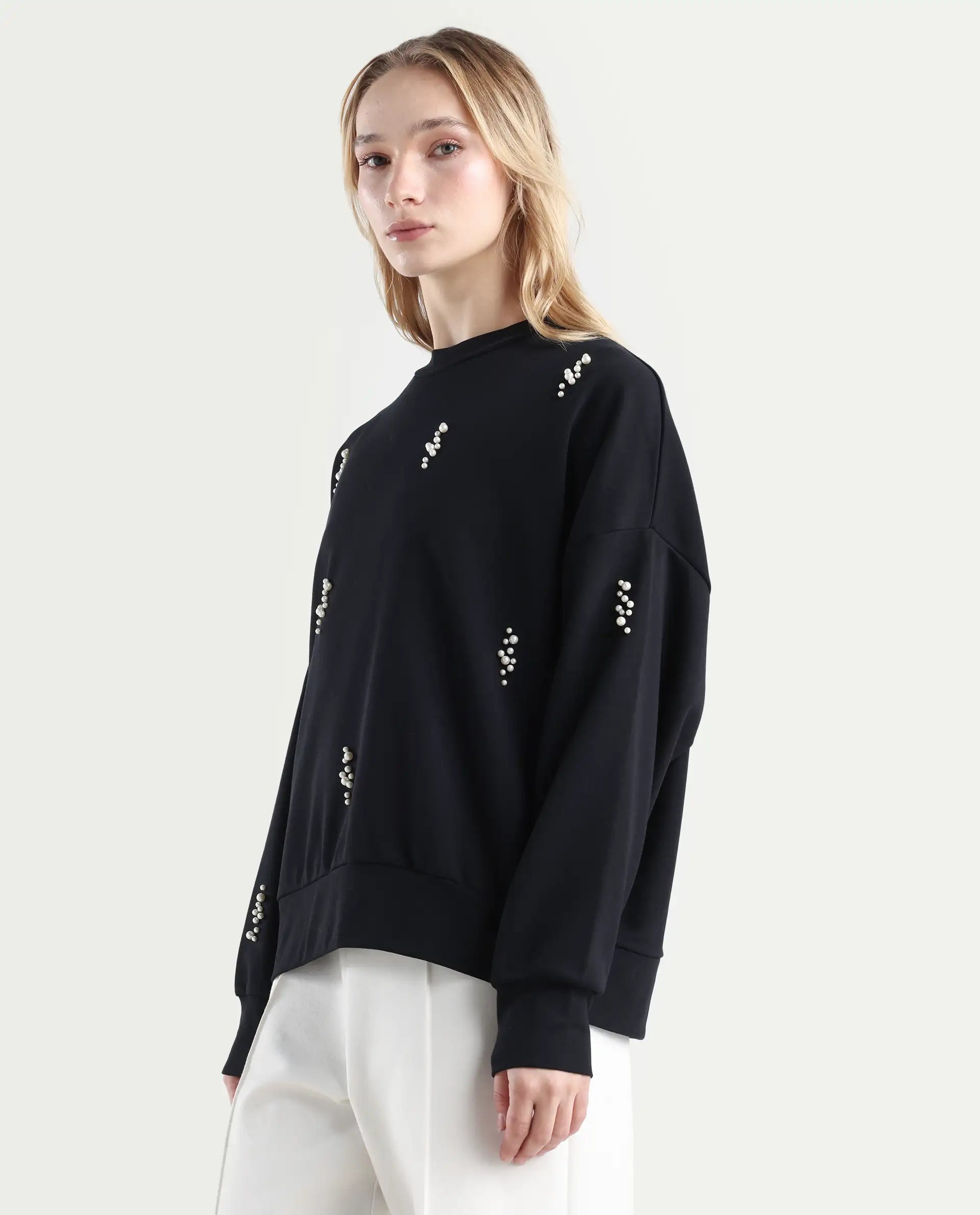 Rareism Women's Perl Black Cotton Blend Crew Neck Relaxed Fit Printed Sweatshirt