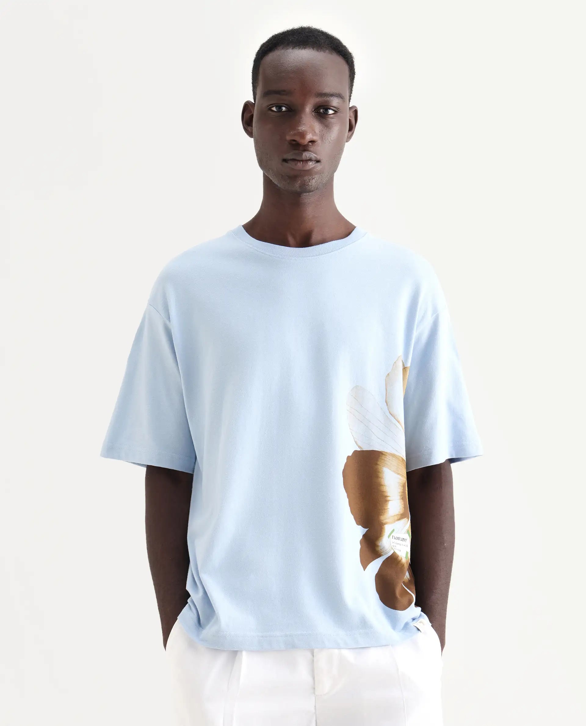 Rare Rabbit Men's Petas Light Blue Cotton Graphic Print Oversized Fit Half Sleeve Crew Neck T-Shirt