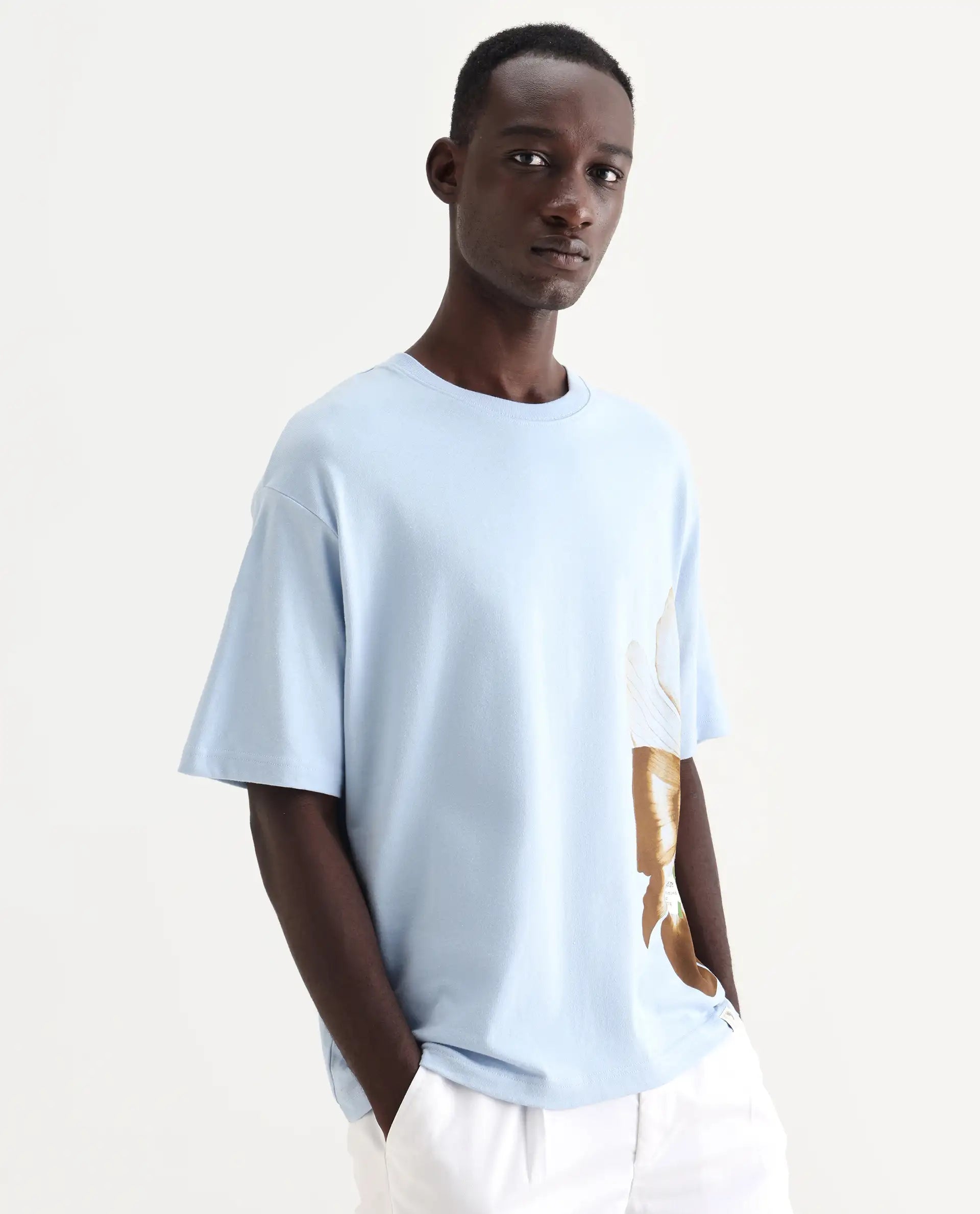 Rare Rabbit Men's Petas Light Blue Cotton Graphic Print Oversized Fit Half Sleeve Crew Neck T-Shirt