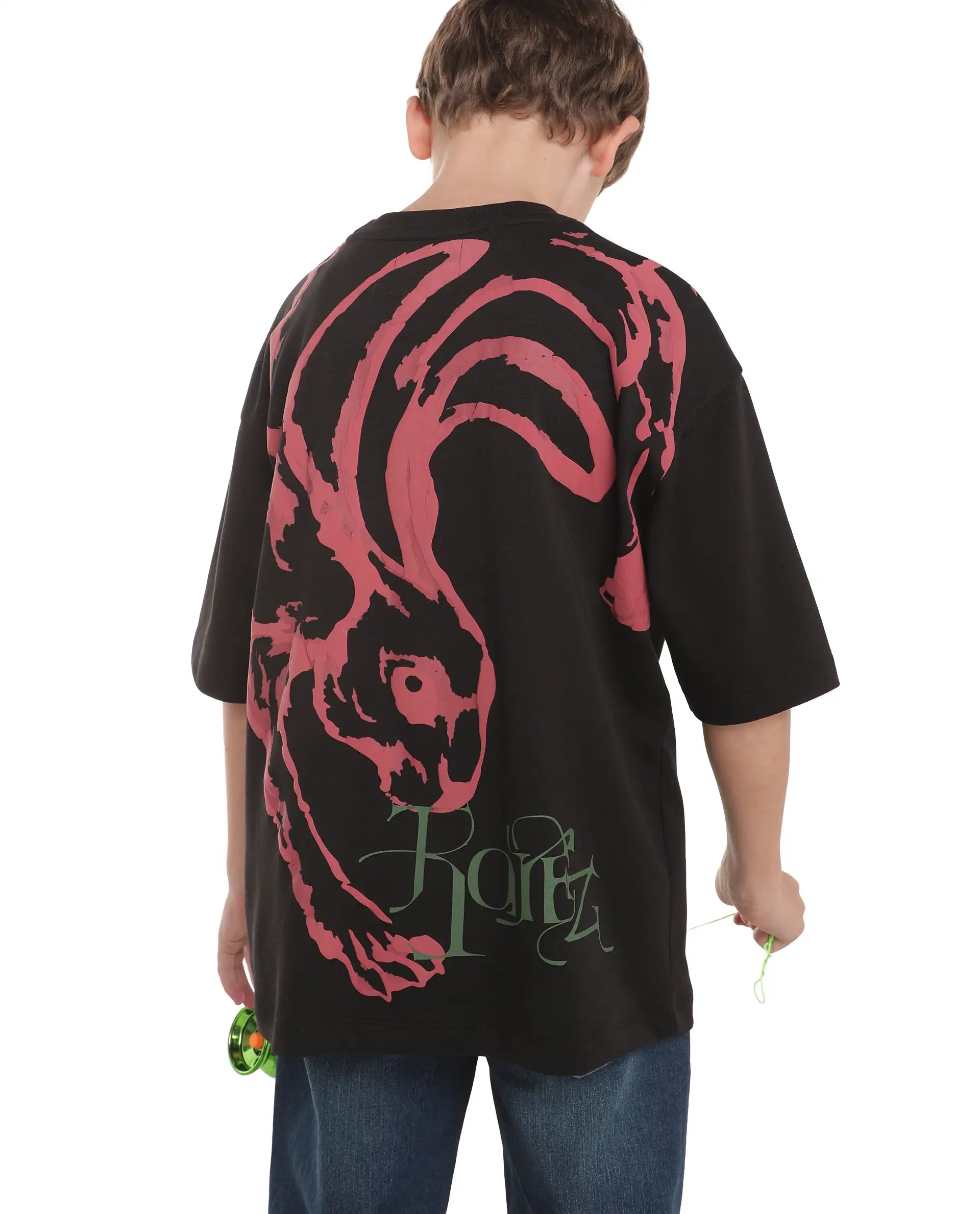 Rare Ones Kids Pete26-K Black Cotton Blend Fabric Pull-On Oversized Fit Graphic Print T-Shirt