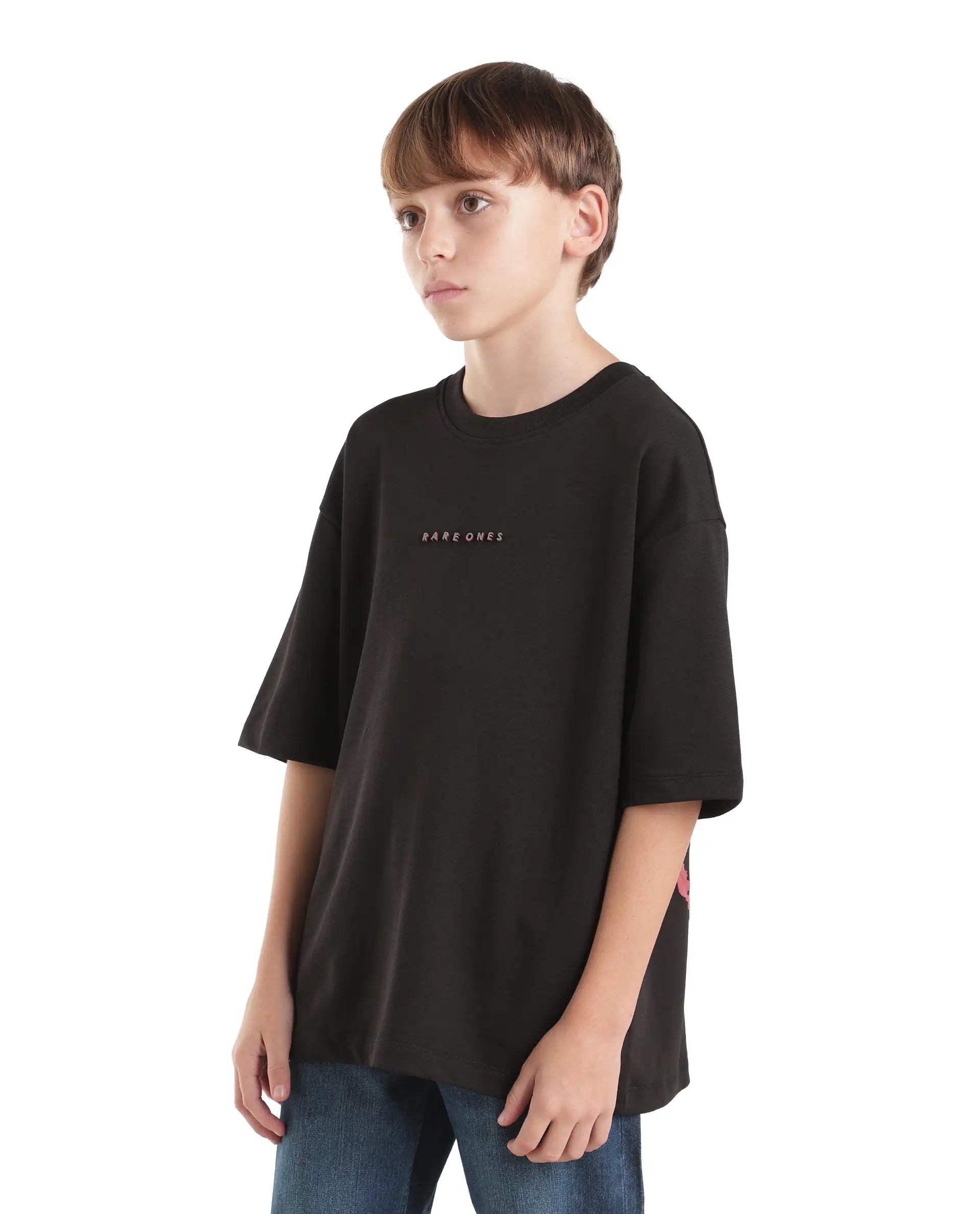 Rare Ones Kids Pete26-K Black Cotton Blend Fabric Pull-On Oversized Fit Graphic Print T-Shirt