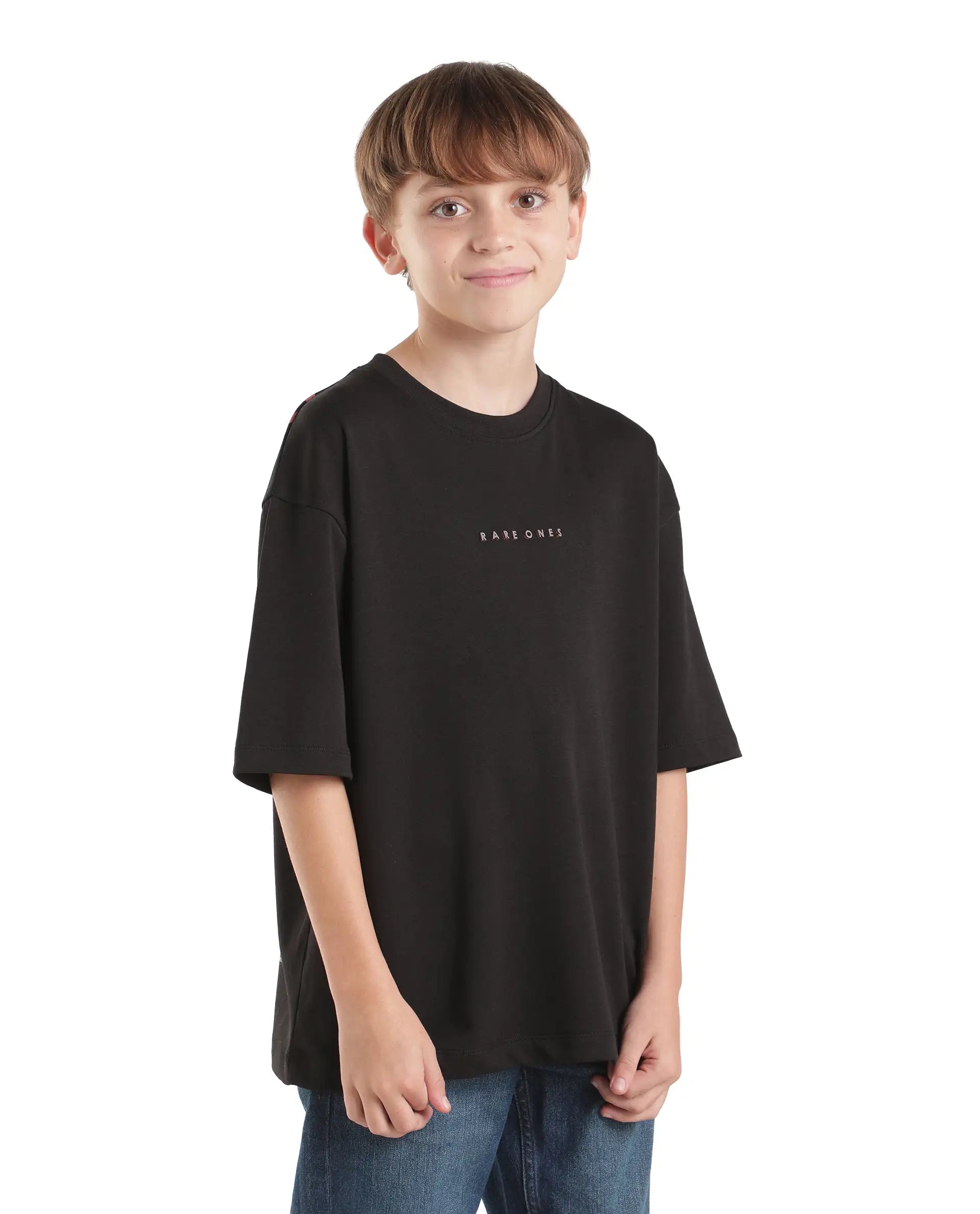 Rare Ones Kids Pete26-K Black Cotton Blend Fabric Pull-On Oversized Fit Graphic Print T-Shirt