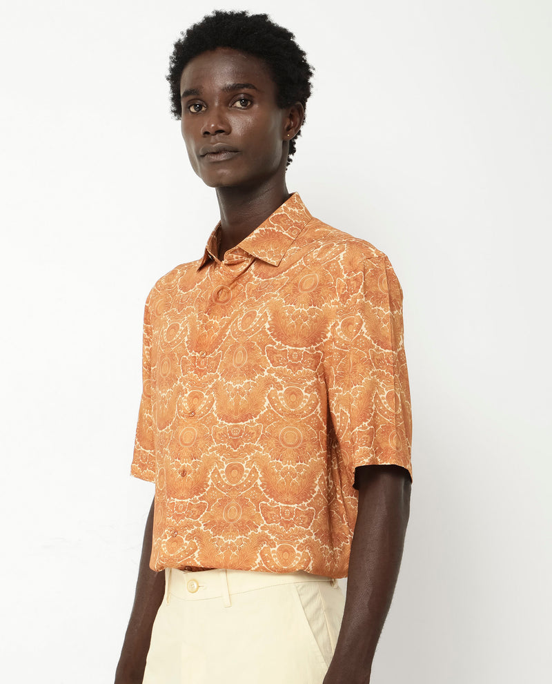 Rare Rabbit Men's Picano Mustard Viscose Fabric Short Sleeve Abstract Floral Print Shirt