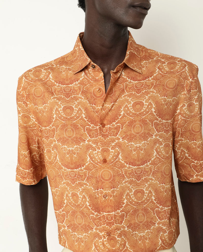 Rare Rabbit Men's Picano Mustard Viscose Fabric Short Sleeve Abstract Floral Print Shirt