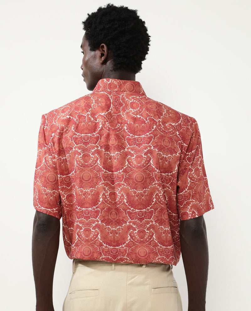 Rare Rabbit Men's Picano Rust Viscose Fabric Short Sleeve Abstract Floral Print Shirt