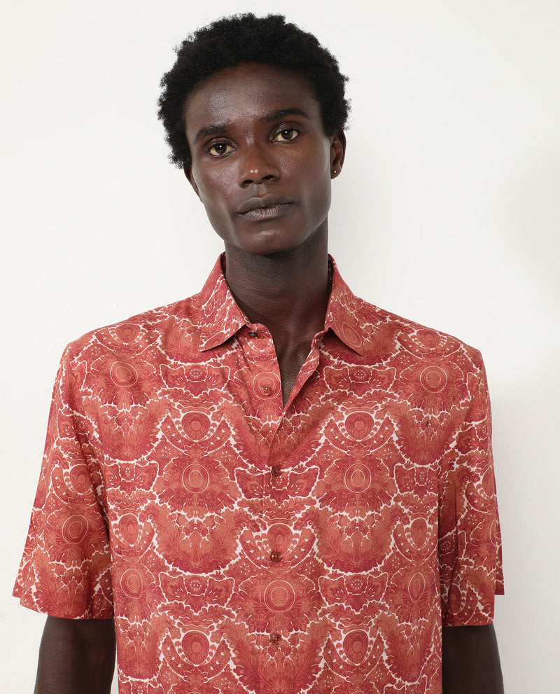 Rare Rabbit Men's Picano Rust Viscose Fabric Short Sleeve Abstract Floral Print Shirt