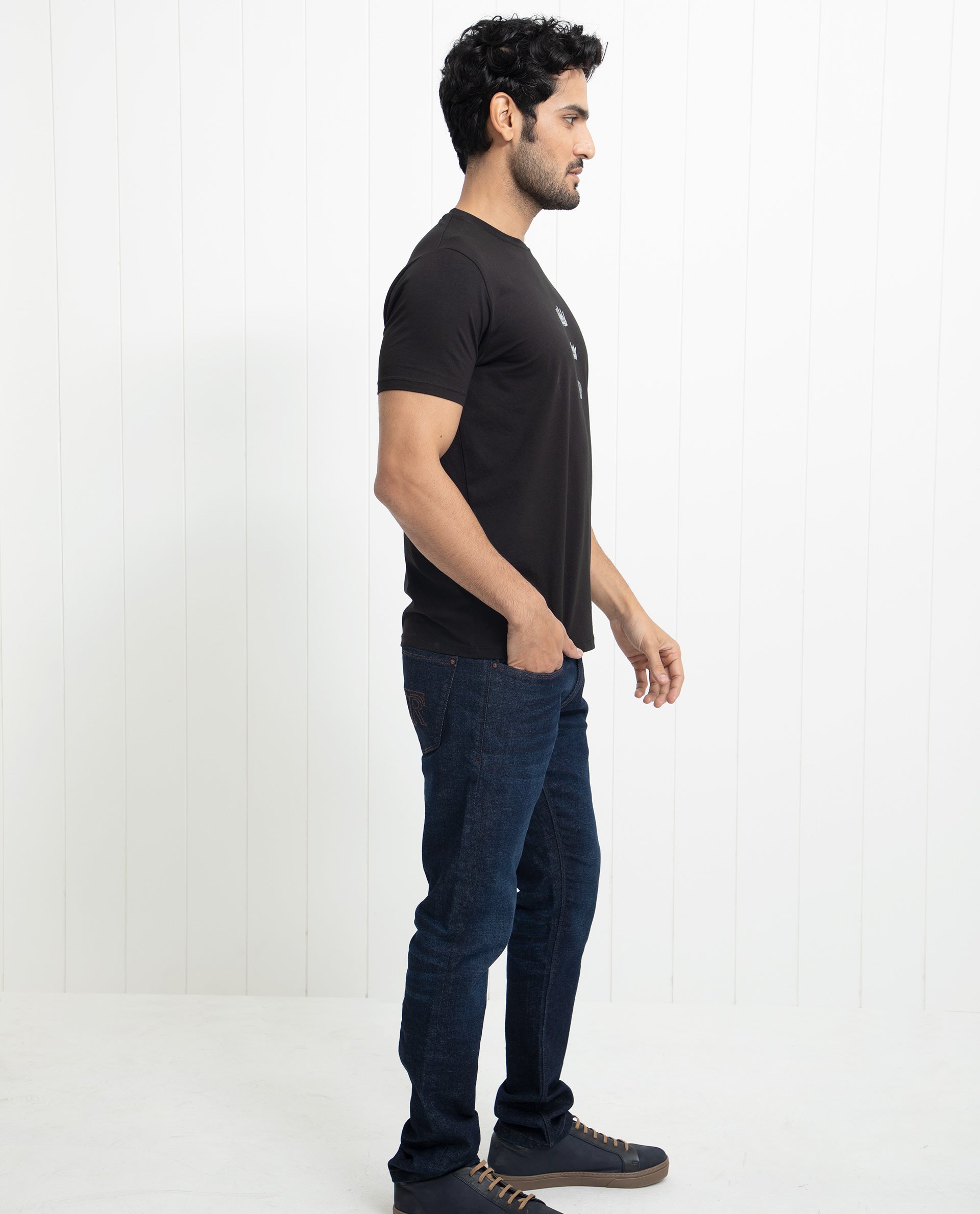 Rare Rabbit Men's Pilar Black Crew Neck Half Sleeves Regular Fit Foil Crown Graphic Print T-Shirt