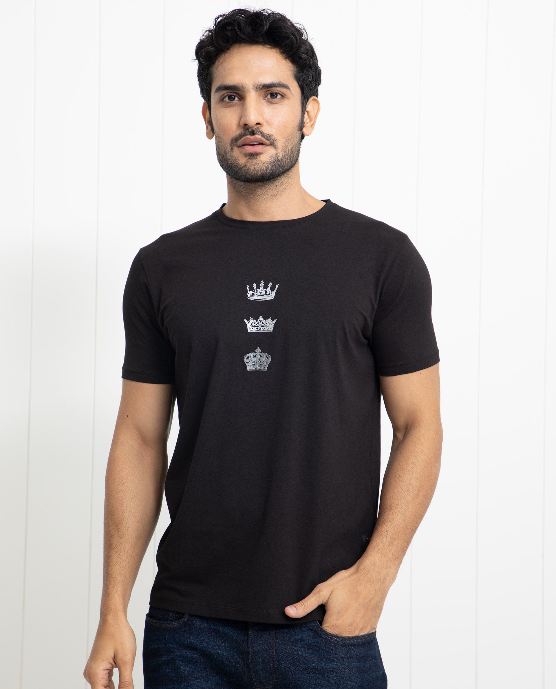 Rare Rabbit Men's Pilar Black Crew Neck Half Sleeves Regular Fit Foil Crown Graphic Print T-Shirt