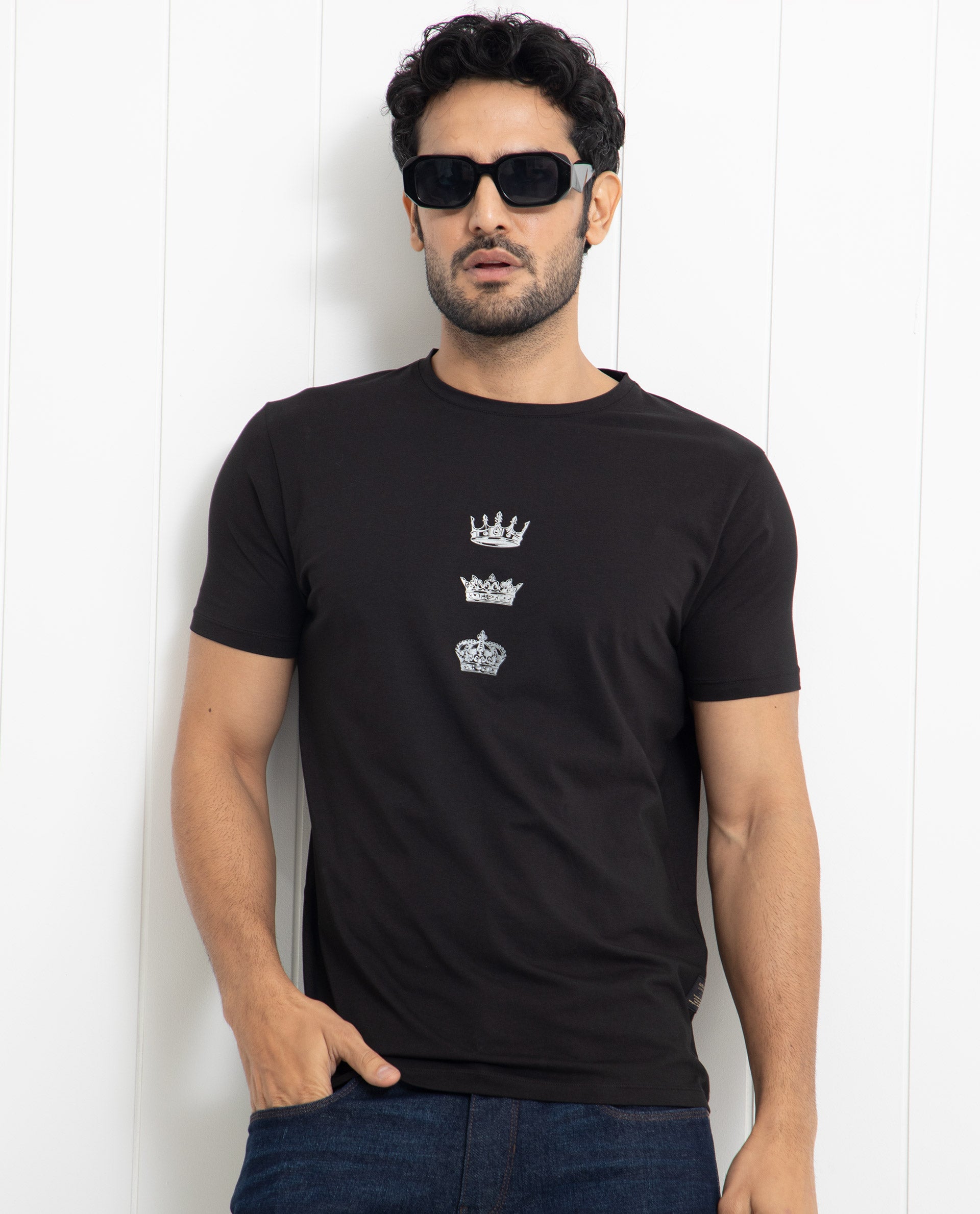 Rare Rabbit Men's Pilar Black Crew Neck Half Sleeves Regular Fit Foil Crown Graphic Print T-Shirt
