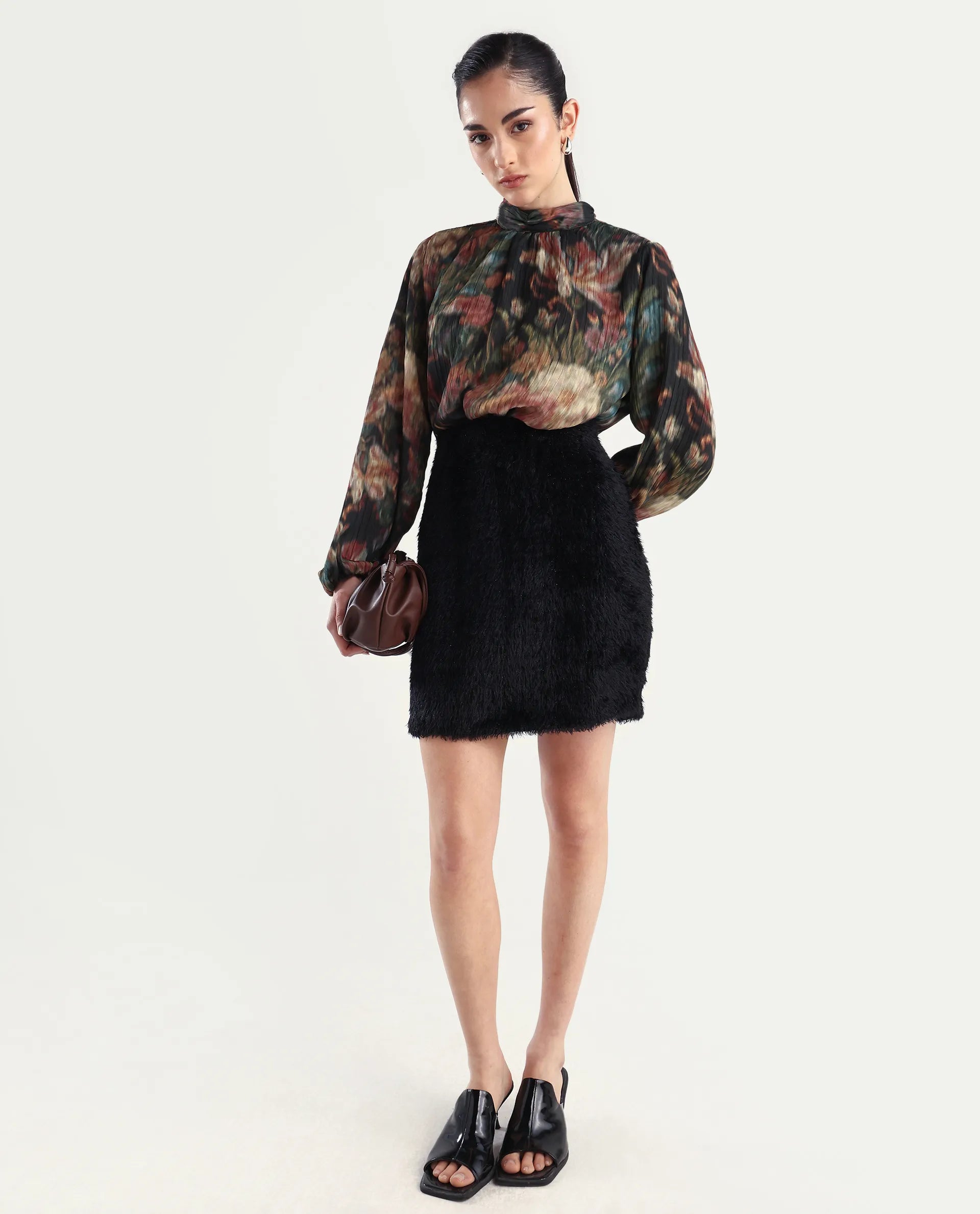 Rareism Women's Pilxar B Black Acrylic Dyed Mini Fitted Skirt