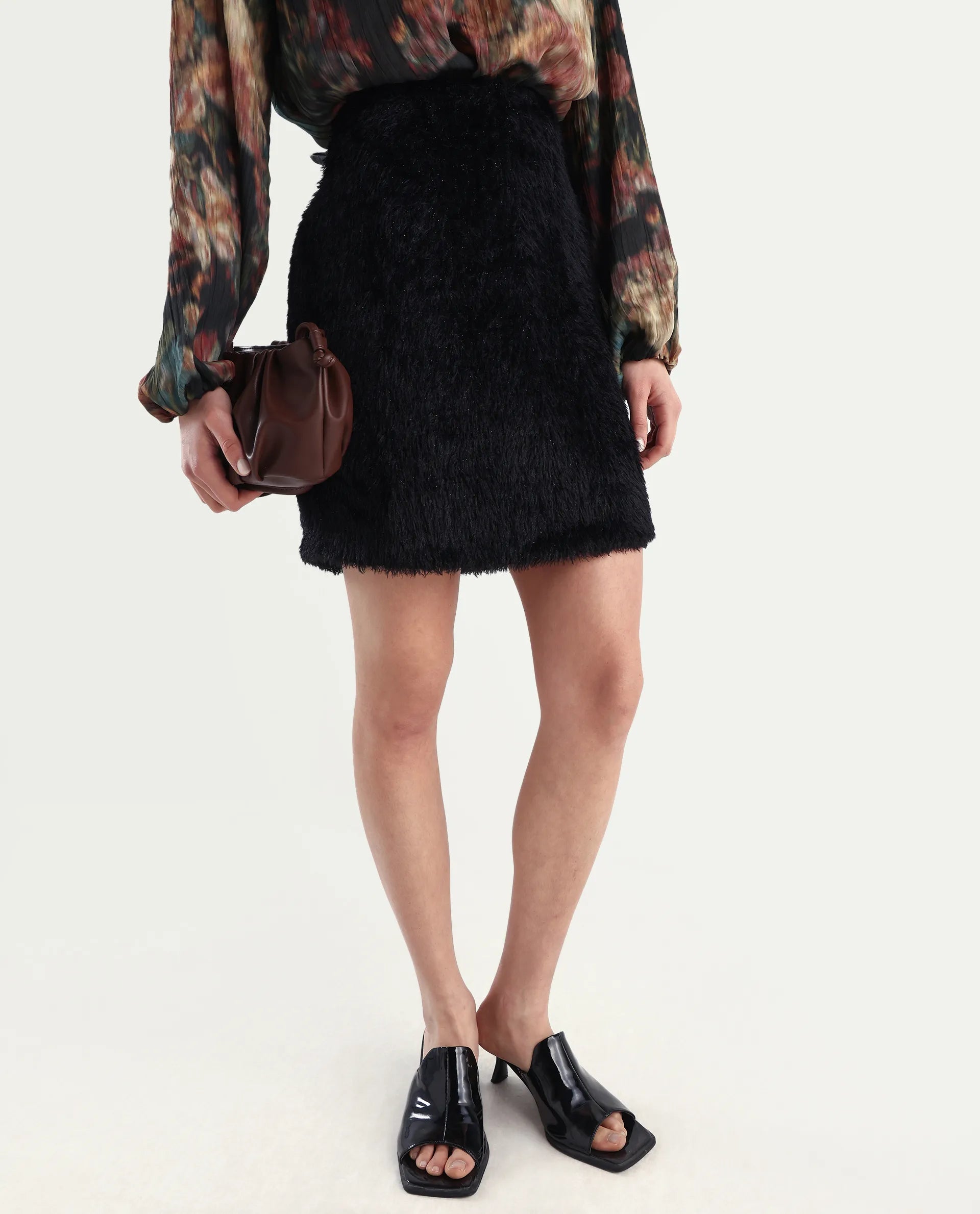 Rareism Women's Pilxar B Black Acrylic Dyed Mini Fitted Skirt