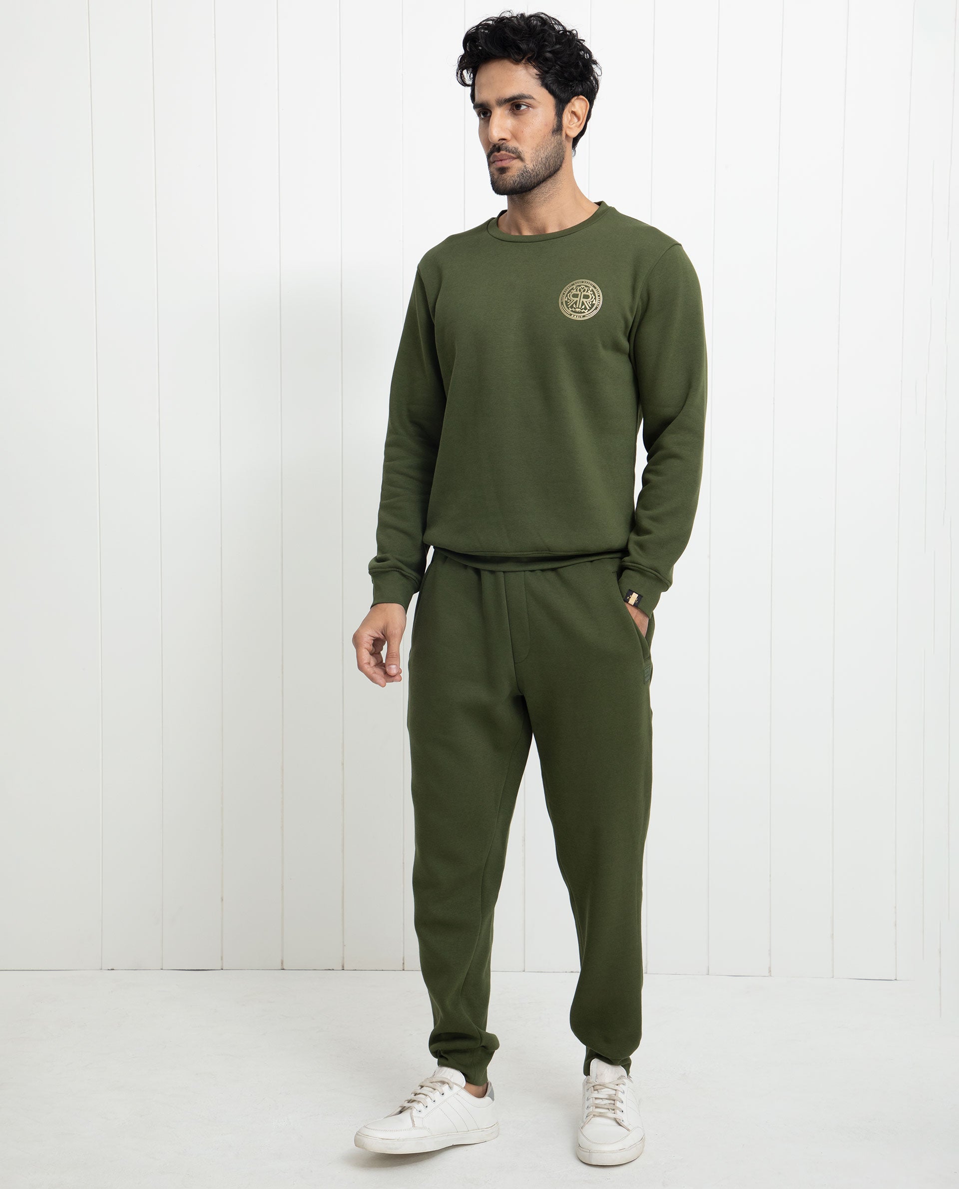 Rare Rabbit Men's Pine Olive Cotton Polyester Fabric Full Sleeves Logo Graphic Print Knitted Sweatshirt