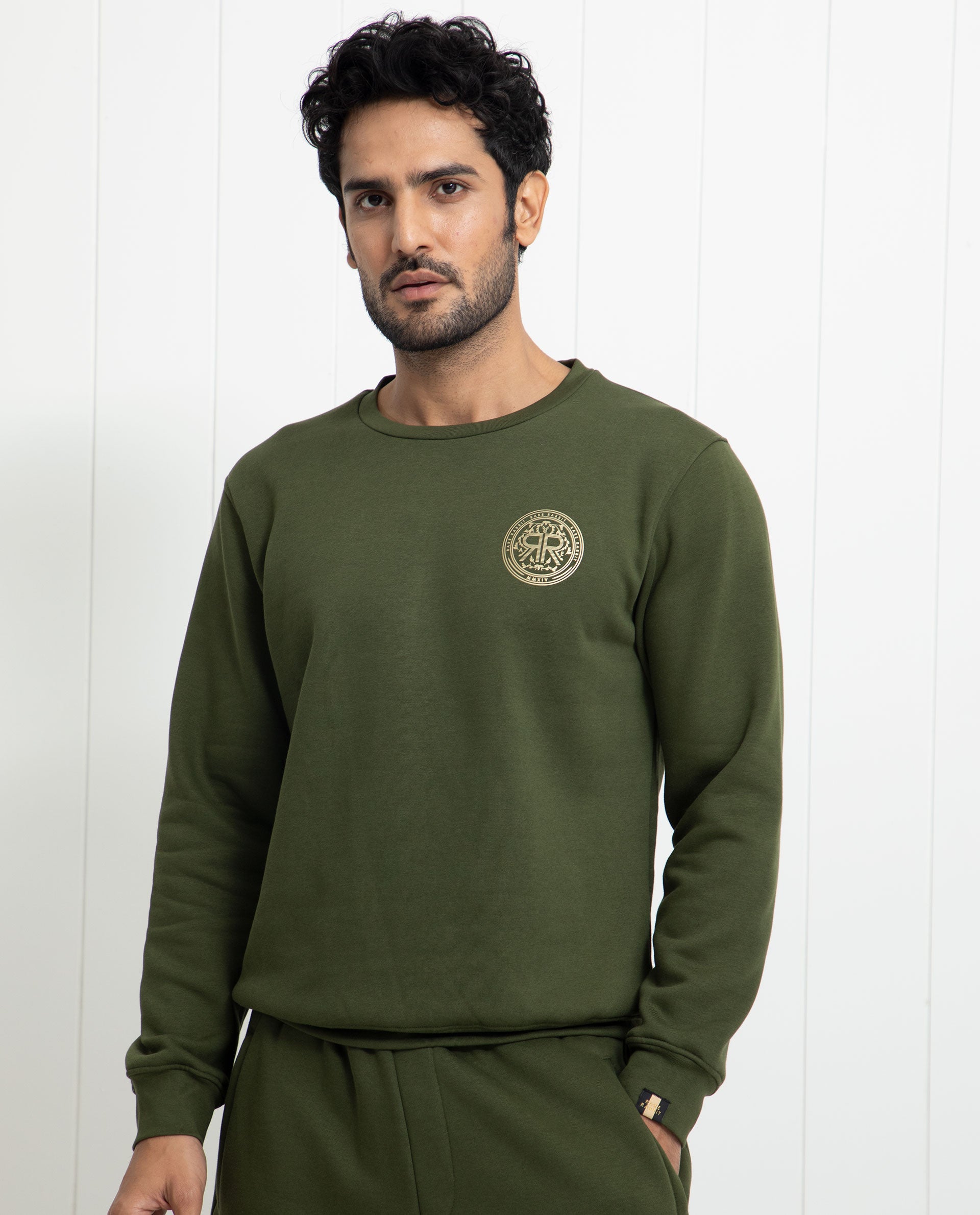 Rare Rabbit Men's Pine Olive Cotton Polyester Fabric Full Sleeves Logo Graphic Print Knitted Sweatshirt