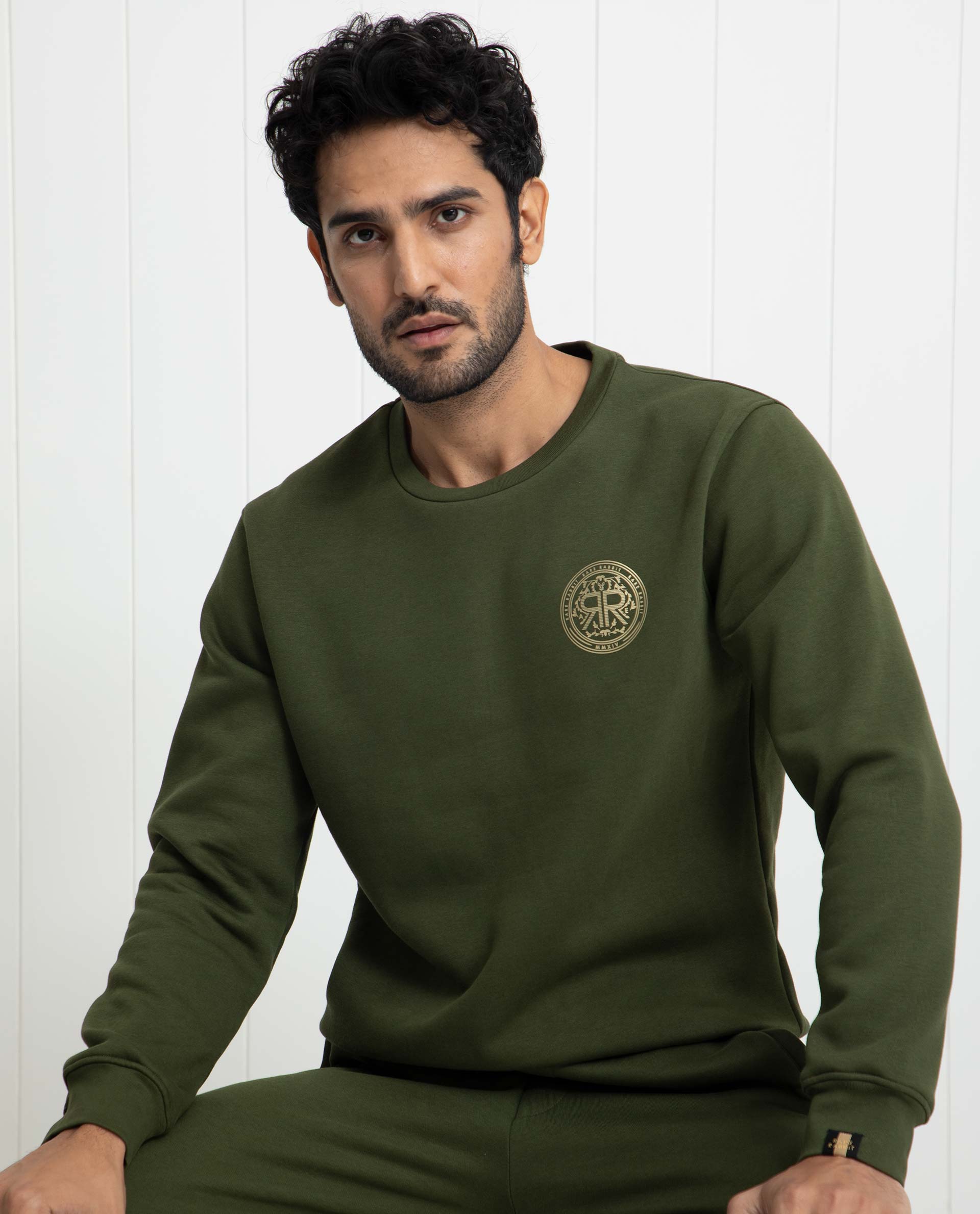 Rare Rabbit Men's Pine Olive Cotton Polyester Fabric Full Sleeves Logo Graphic Print Knitted Sweatshirt