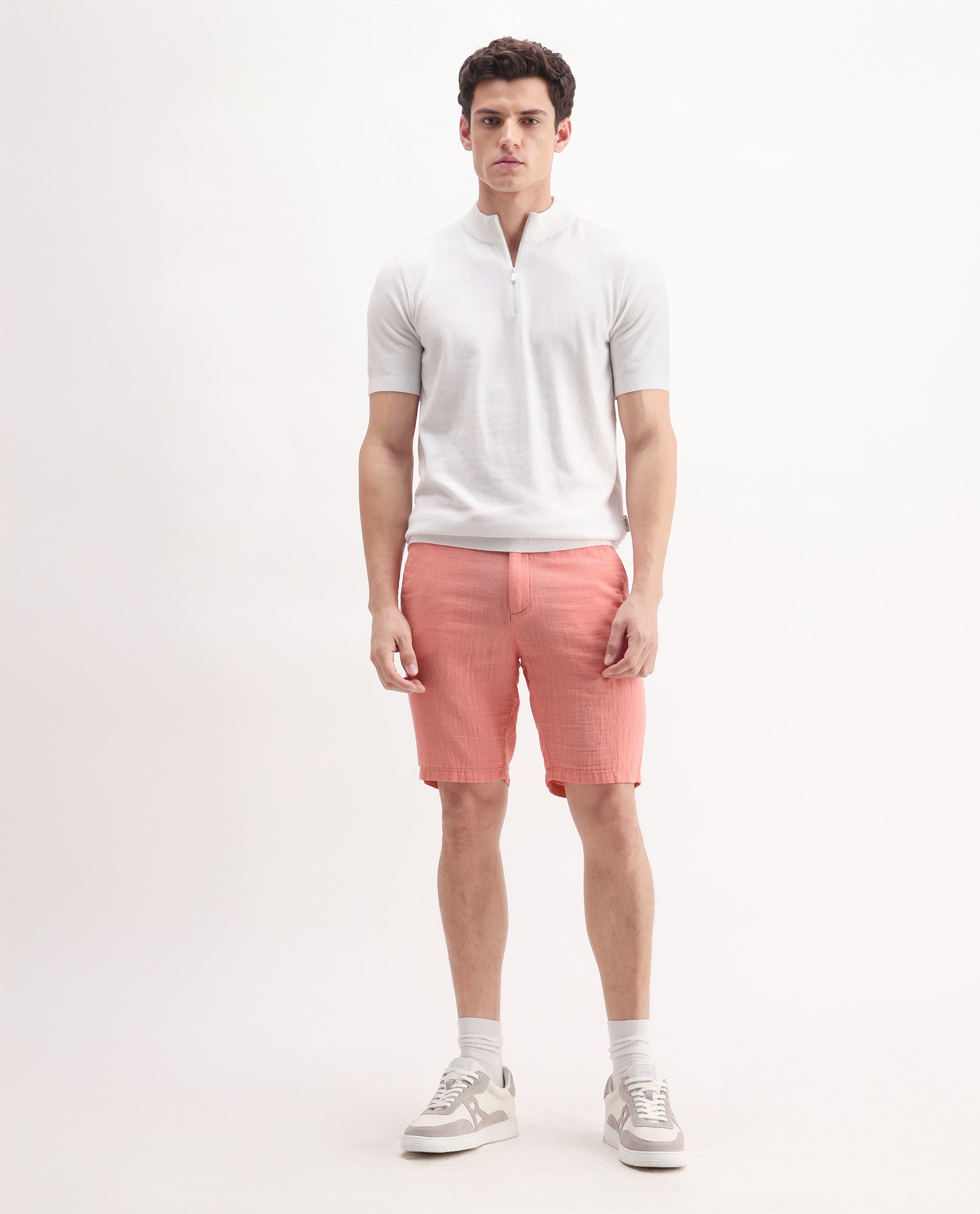 Rare Rabbit Men's Pinto-25 Light Peach Cotton Plain Regular Fit Shorts