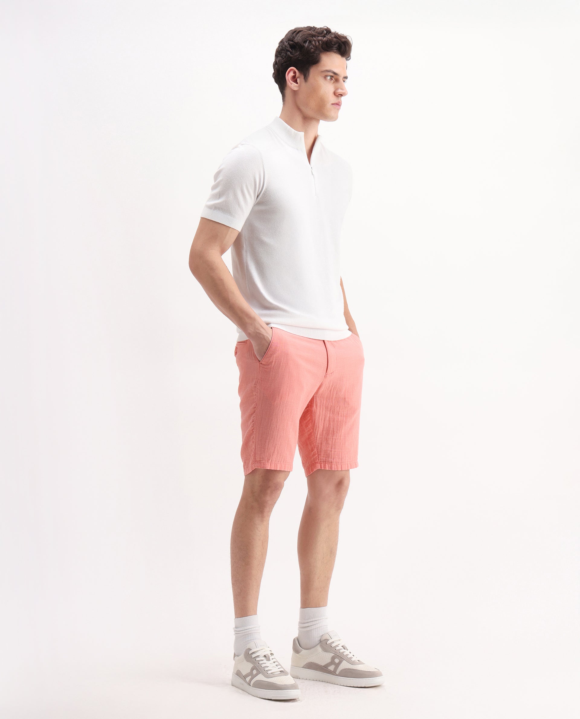 Rare Rabbit Men's Pinto-25 Light Peach Cotton Plain Regular Fit Shorts