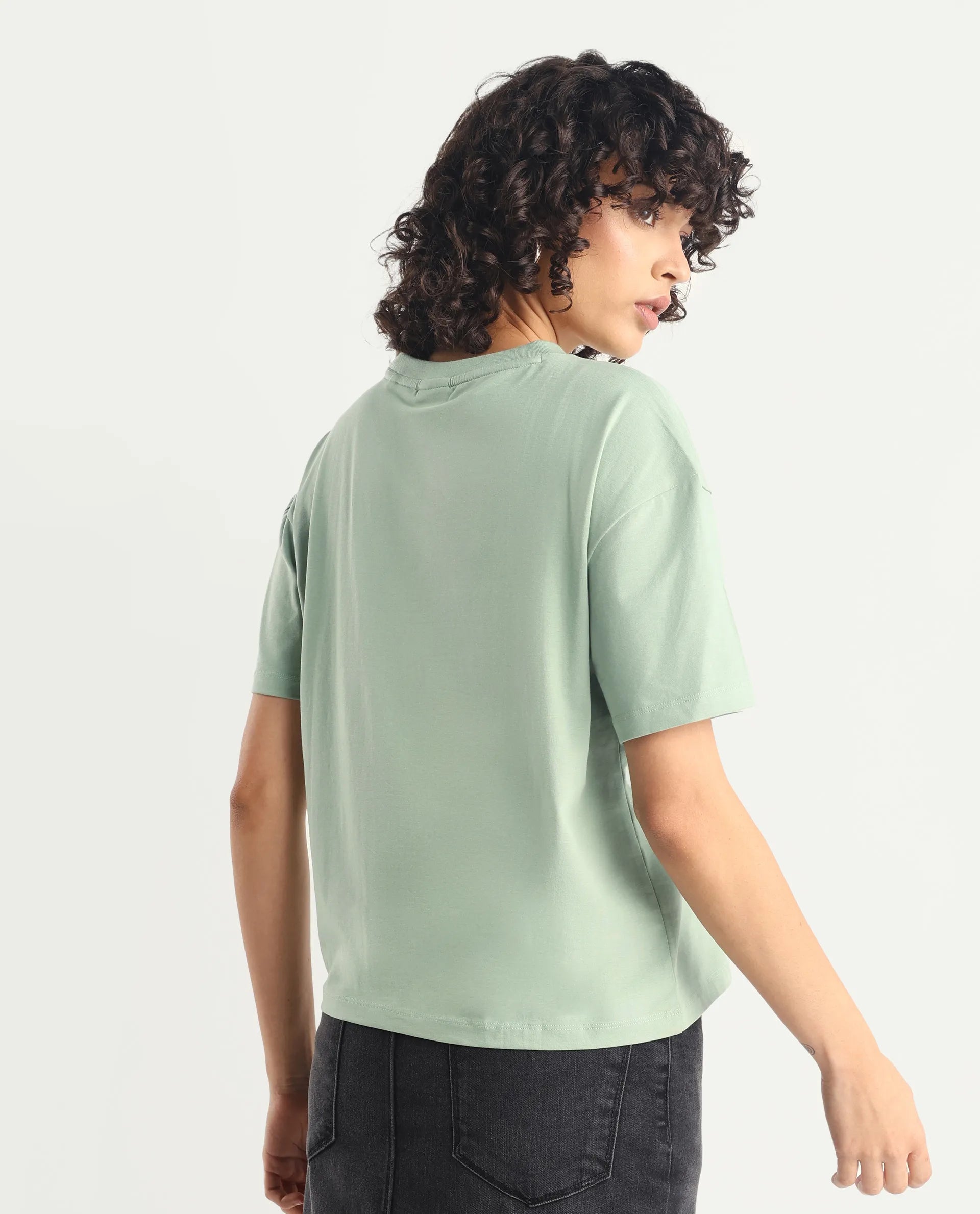 Rareism Women's Pique Light Green Cotton Blend Crew Neck Graphic Print Relaxed Fit T-Shirt