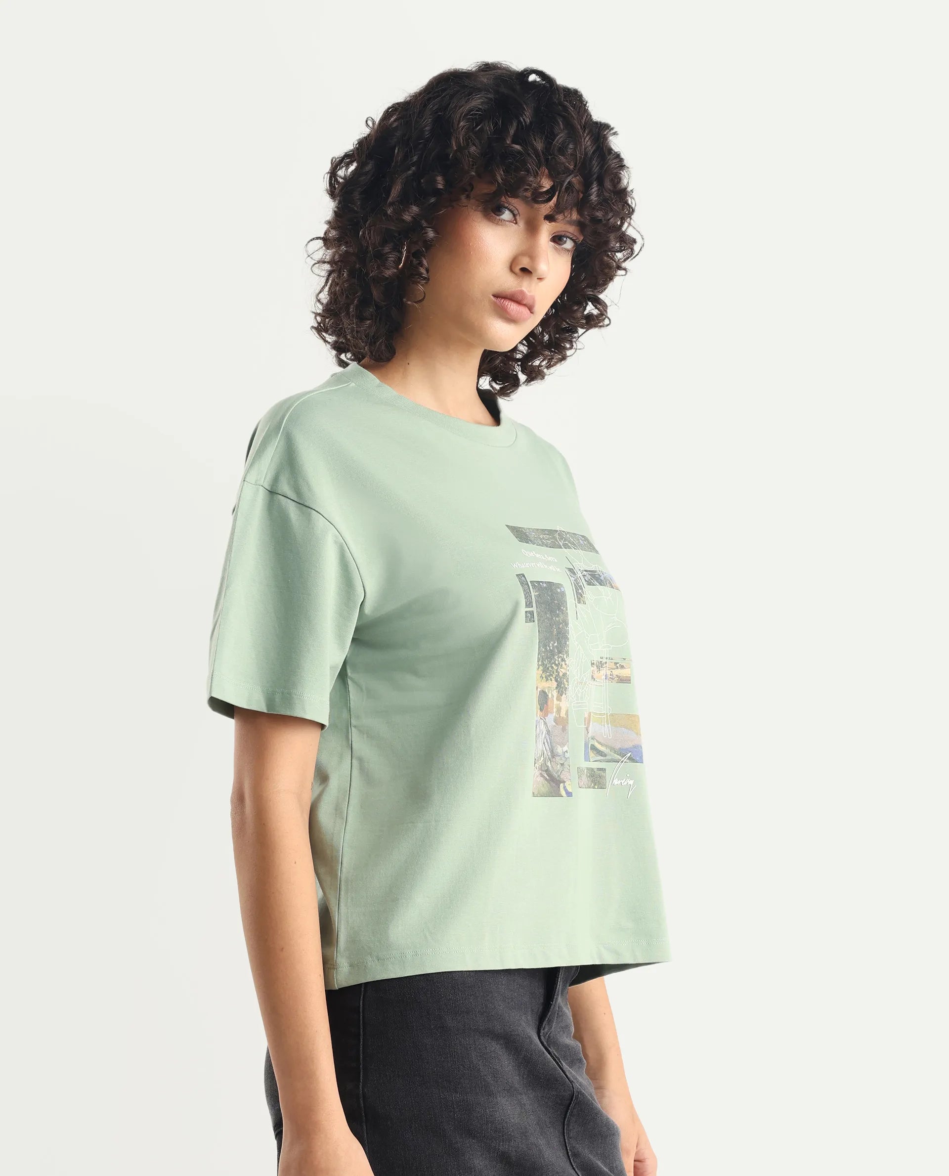 Rareism Women's Pique Light Green Cotton Blend Crew Neck Graphic Print Relaxed Fit T-Shirt