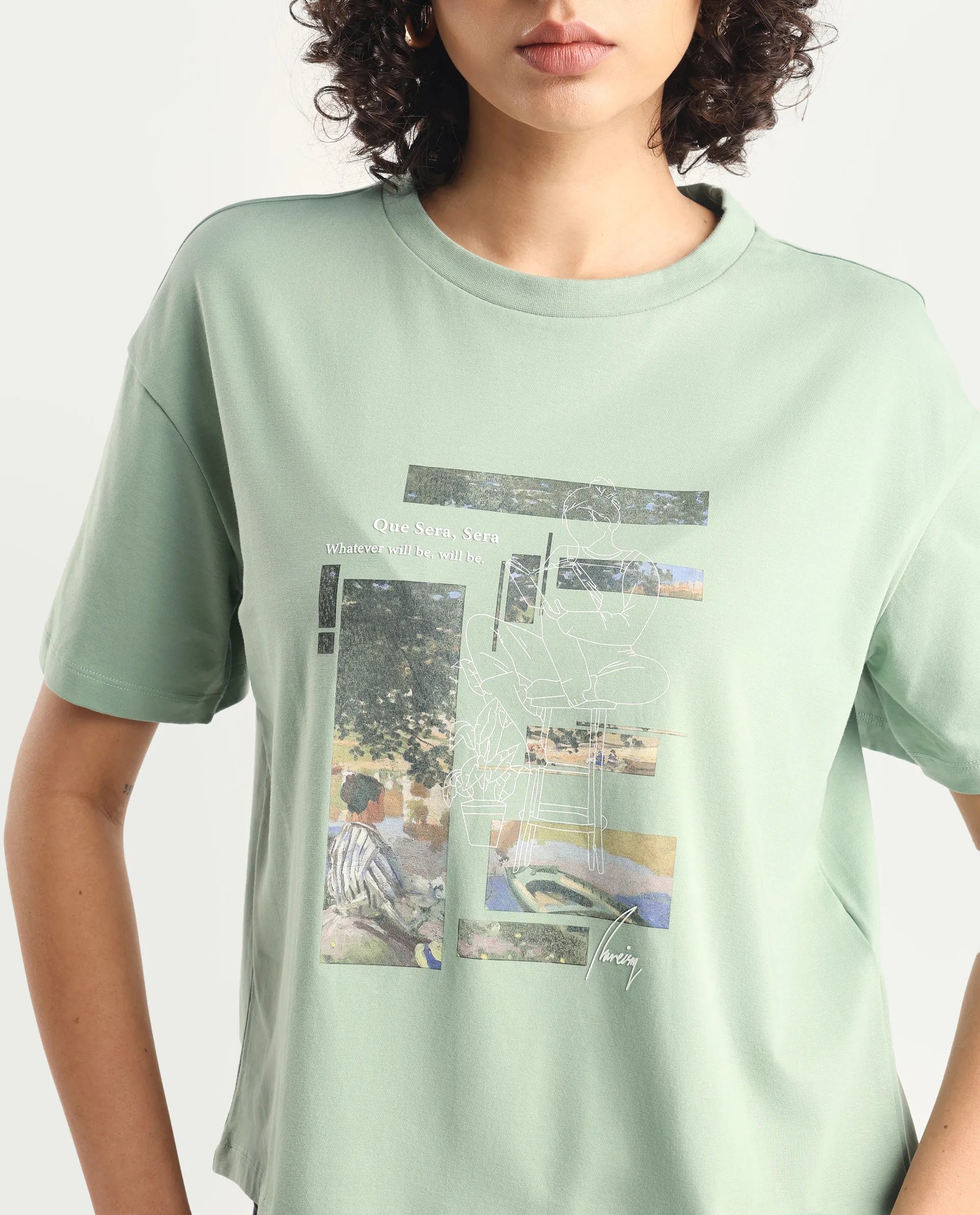 Rareism Women's Pique Light Green Cotton Blend Crew Neck Graphic Print Relaxed Fit T-Shirt