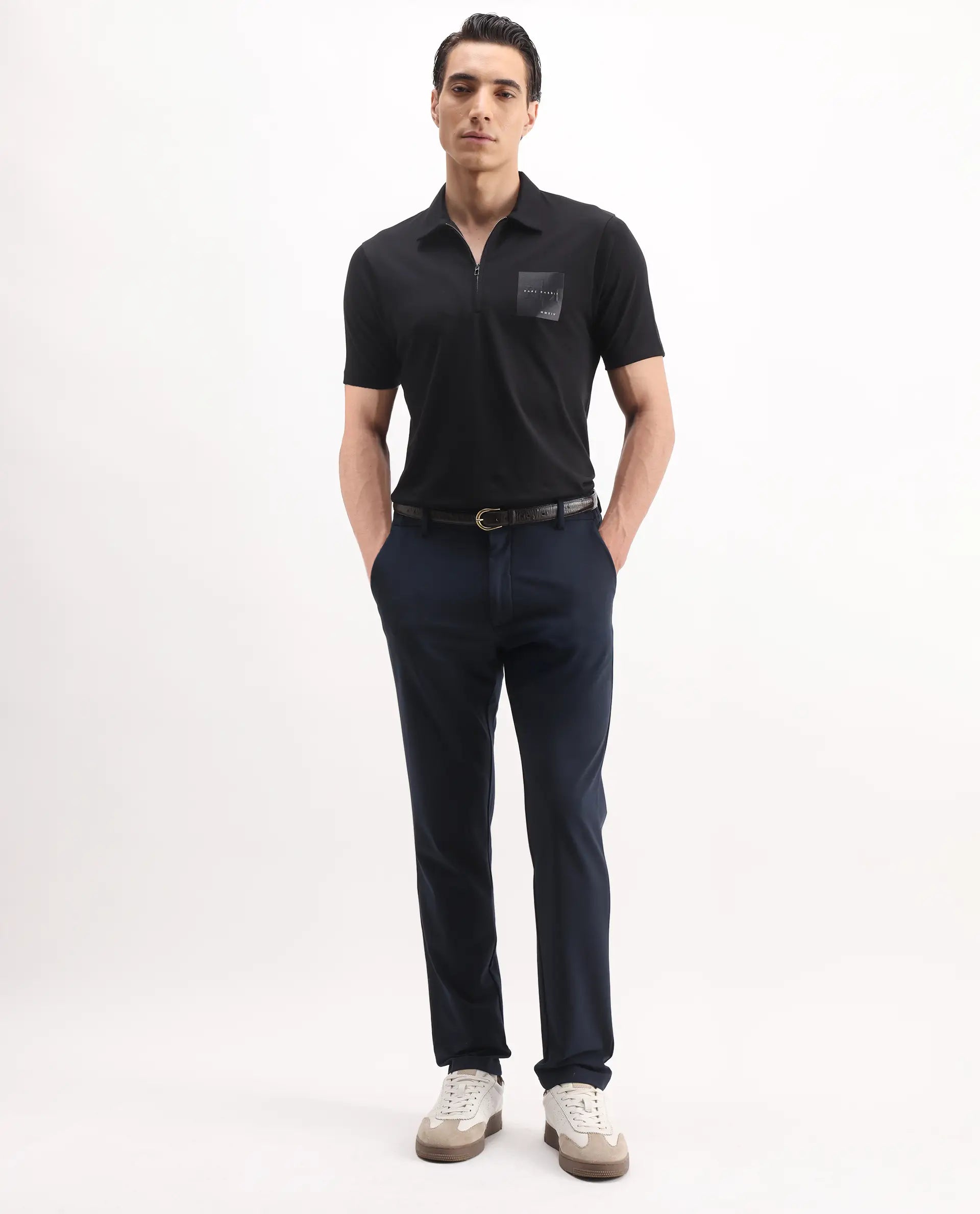 Rare Rabbit Men's Plad Black Cotton Blend Plain Regular Fit Half Sleeve Polo