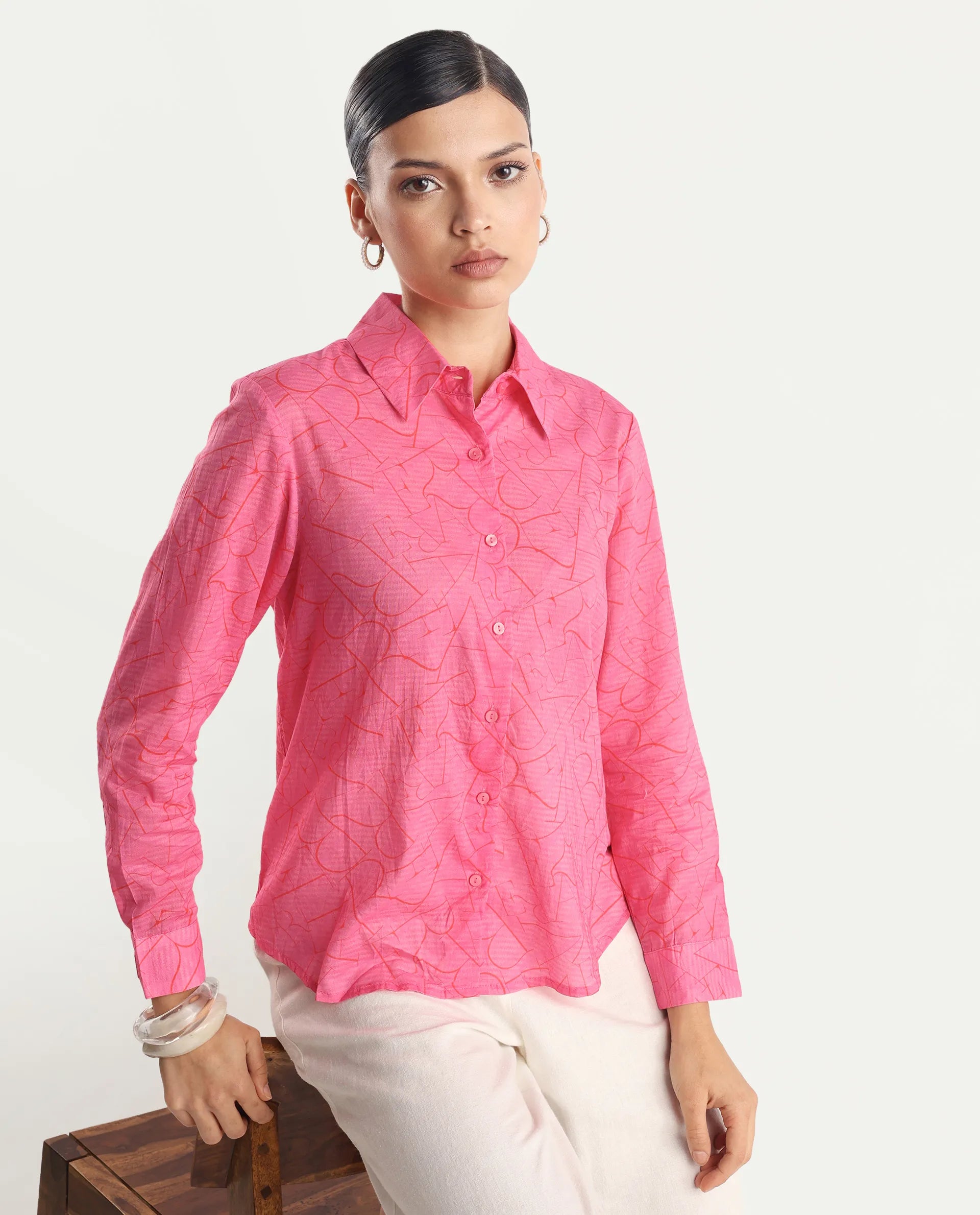 Rareism Women's Poiny Pink Cotton Spread Collar Monogram Print Cuffed Sleeve Regular Fit Top