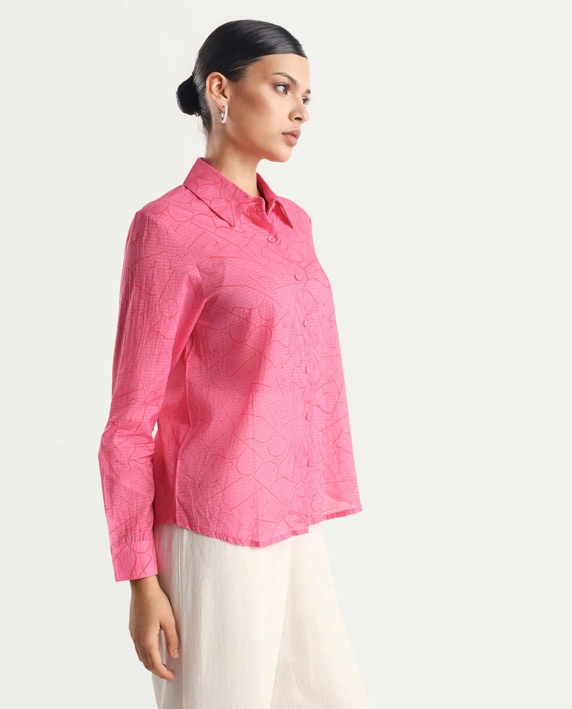 Rareism Women's Poiny Pink Cotton Spread Collar Monogram Print Cuffed Sleeve Regular Fit Top