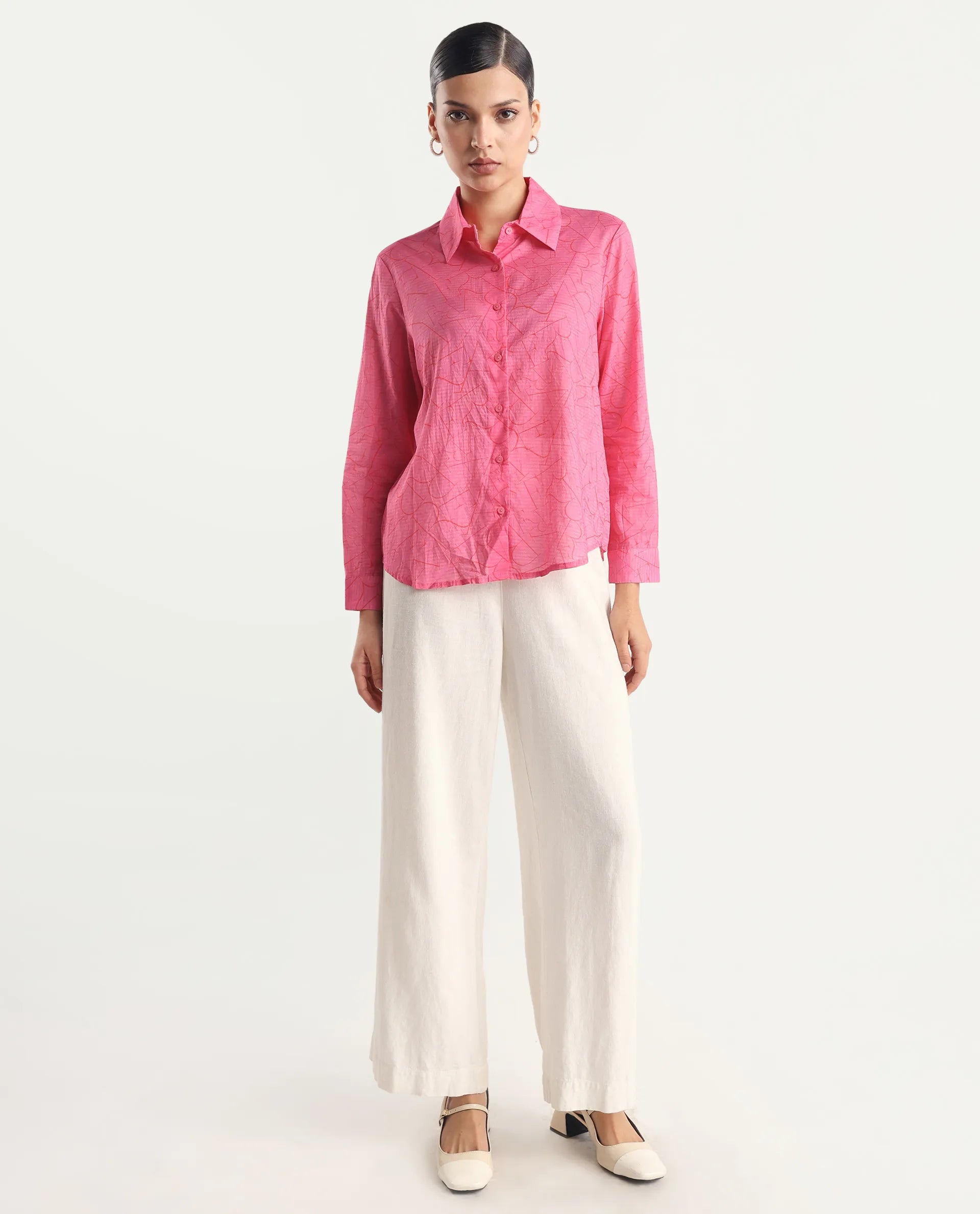 Rareism Women's Poiny Pink Cotton Spread Collar Monogram Print Cuffed Sleeve Regular Fit Top