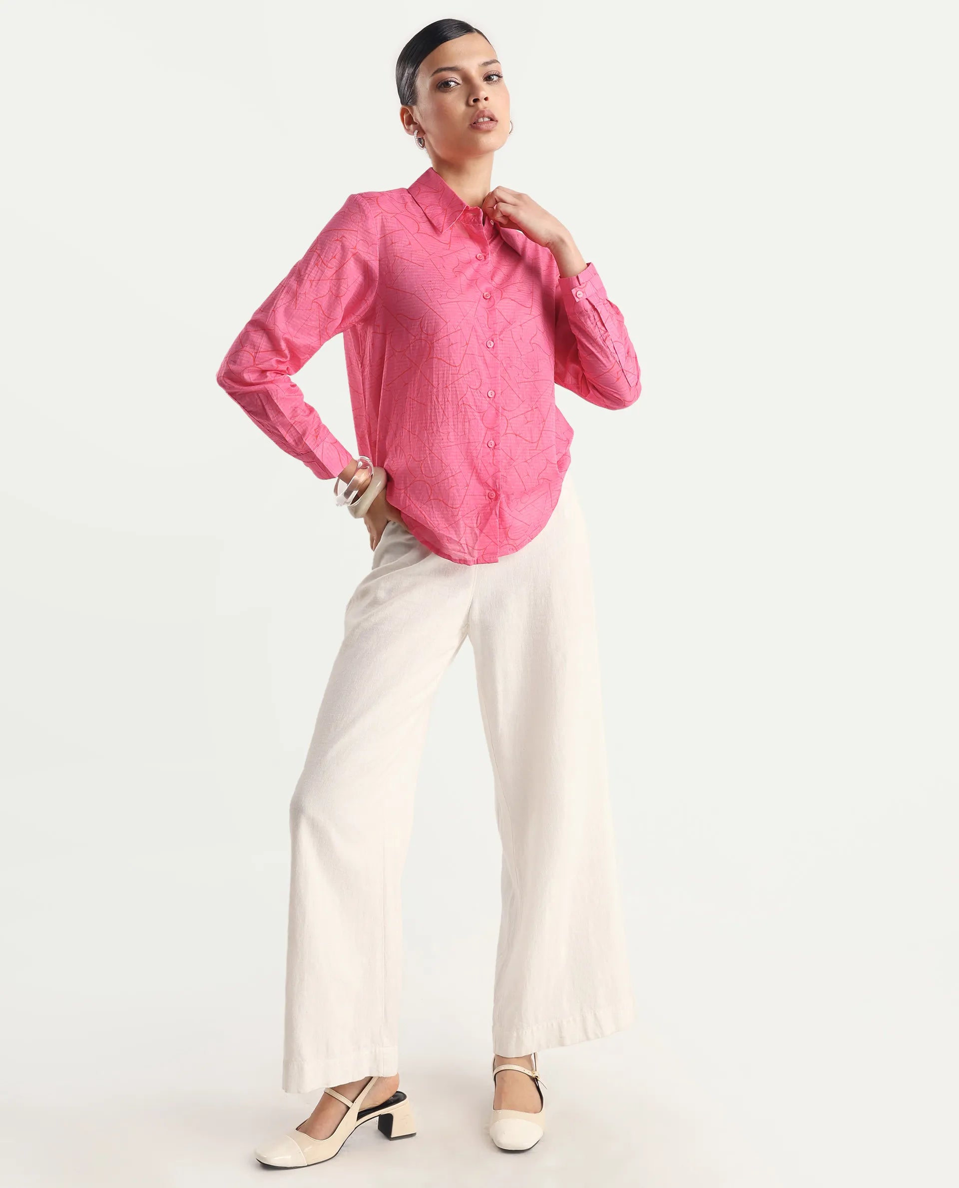 Rareism Women's Poiny Pink Cotton Spread Collar Monogram Print Cuffed Sleeve Regular Fit Top