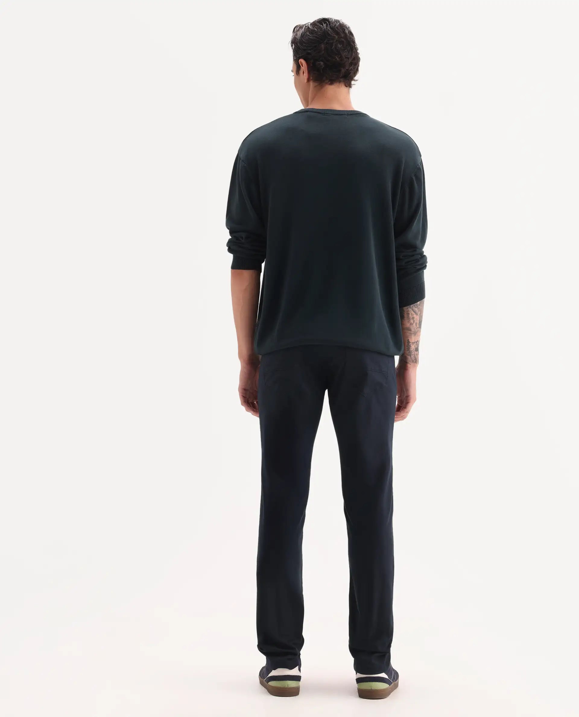 Rare Rabbit Men's Poke Navy Cotton Plain Regular Fit Trouser