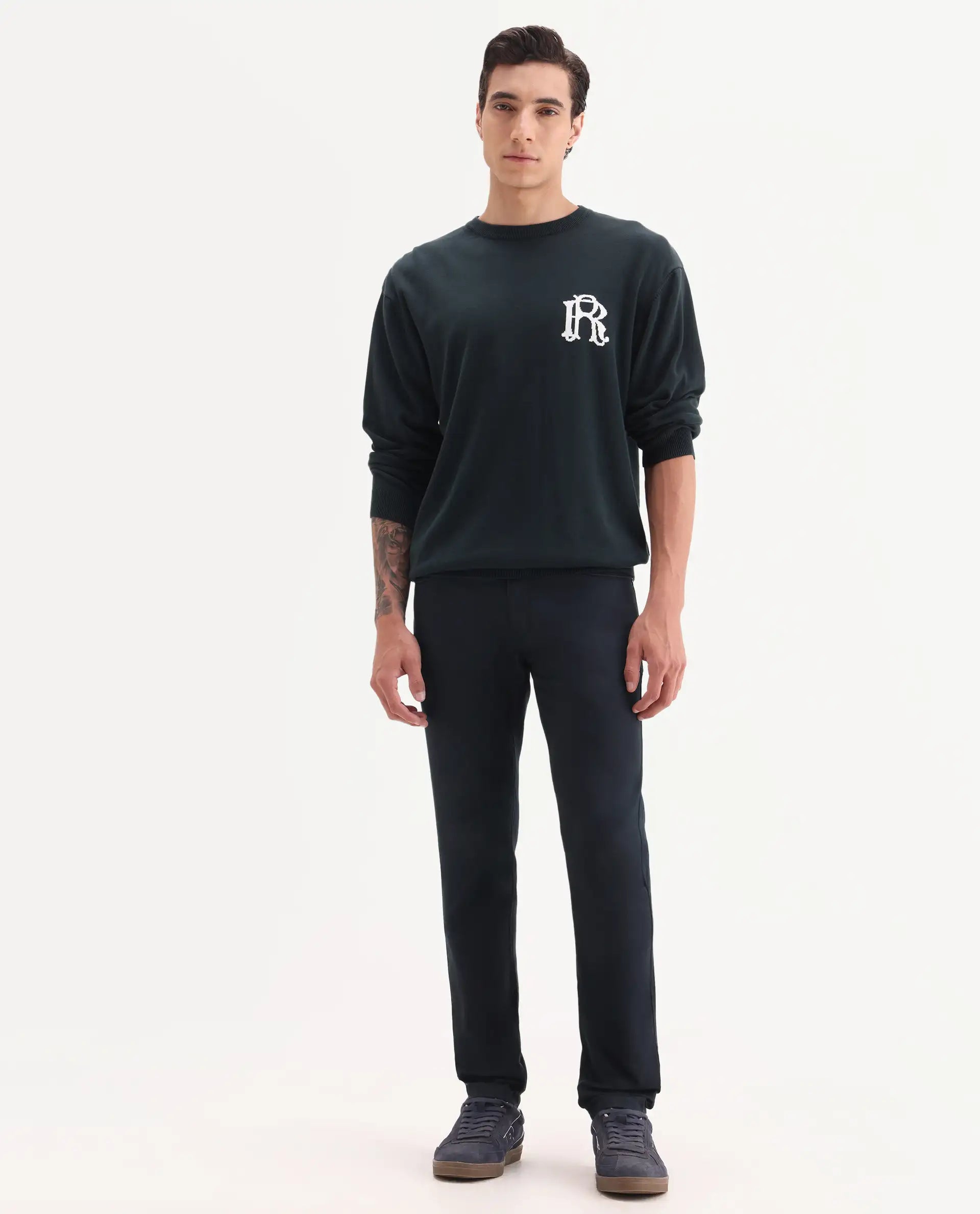 Rare Rabbit Men's Poke Navy Cotton Plain Regular Fit Trouser