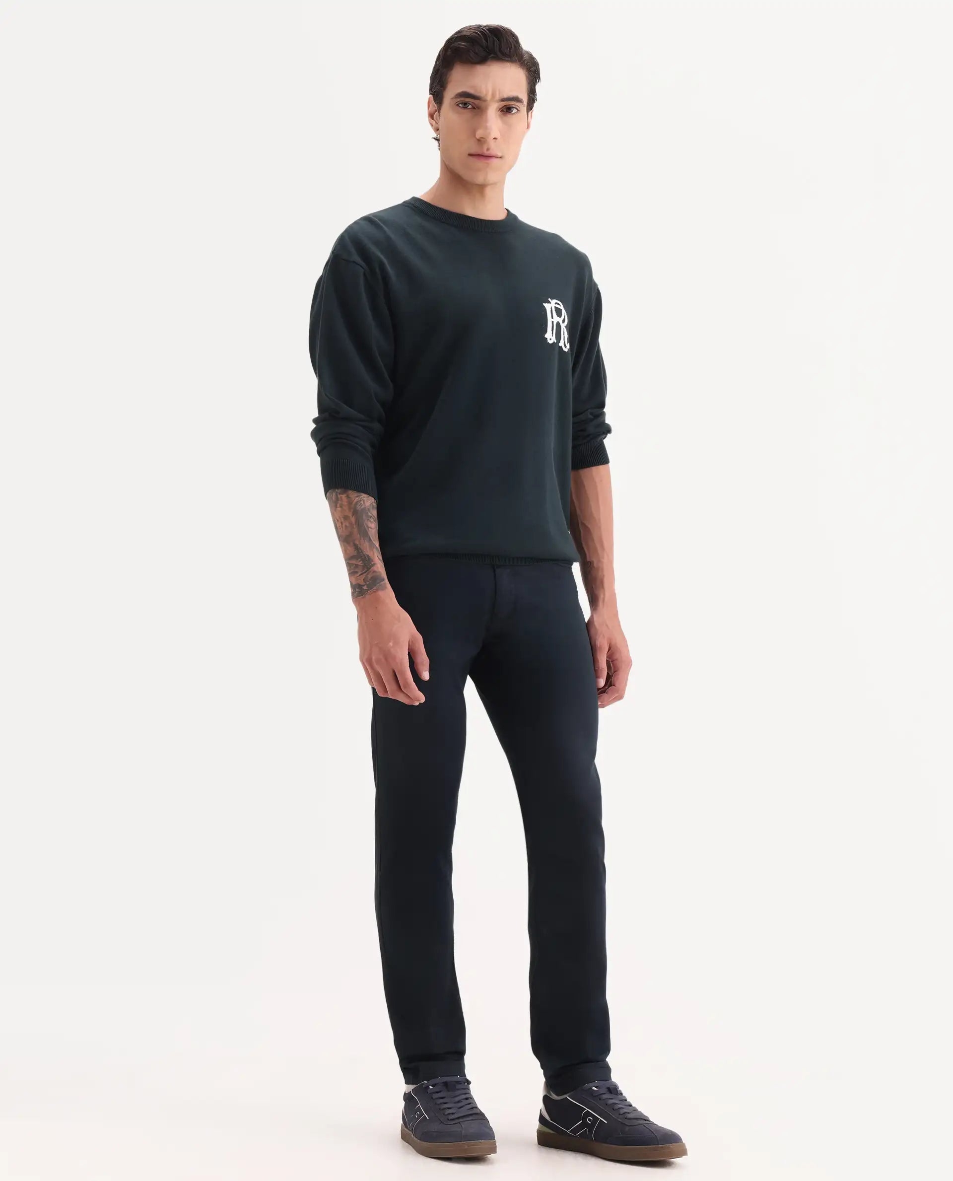 Rare Rabbit Men's Poke Navy Cotton Plain Regular Fit Trouser