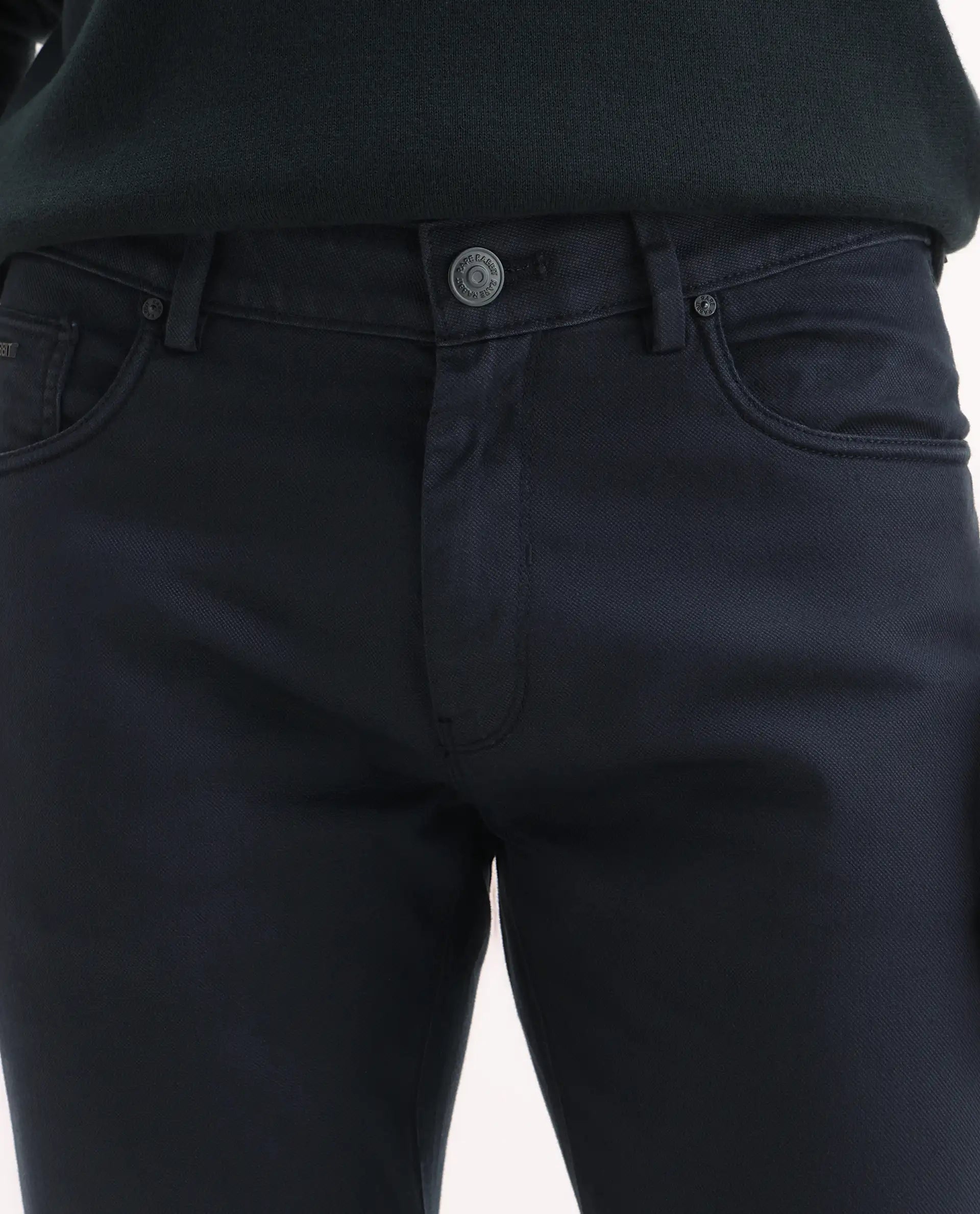 Rare Rabbit Men's Poke Navy Cotton Plain Regular Fit Trouser