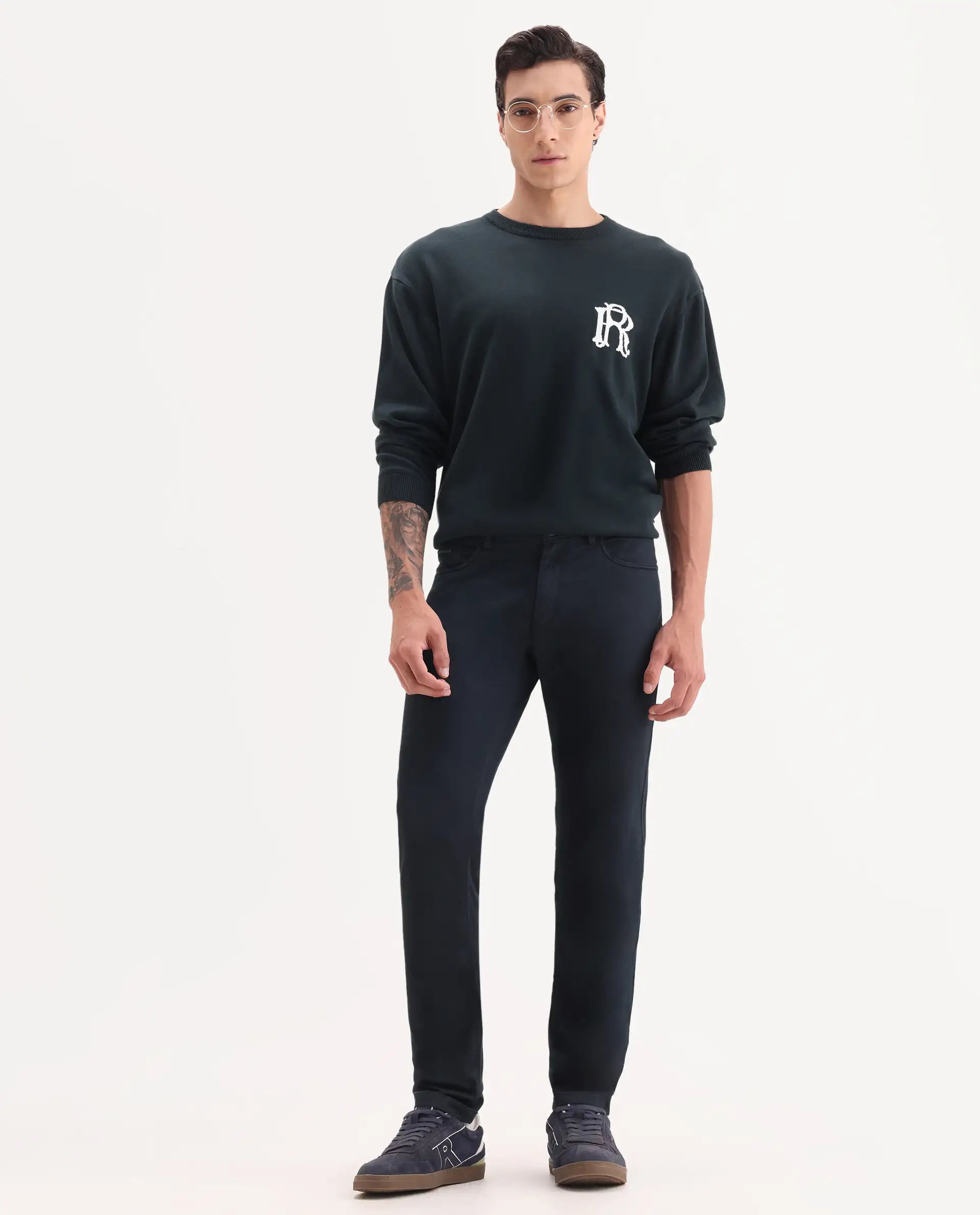 Rare Rabbit Men's Poke Navy Cotton Plain Regular Fit Trouser