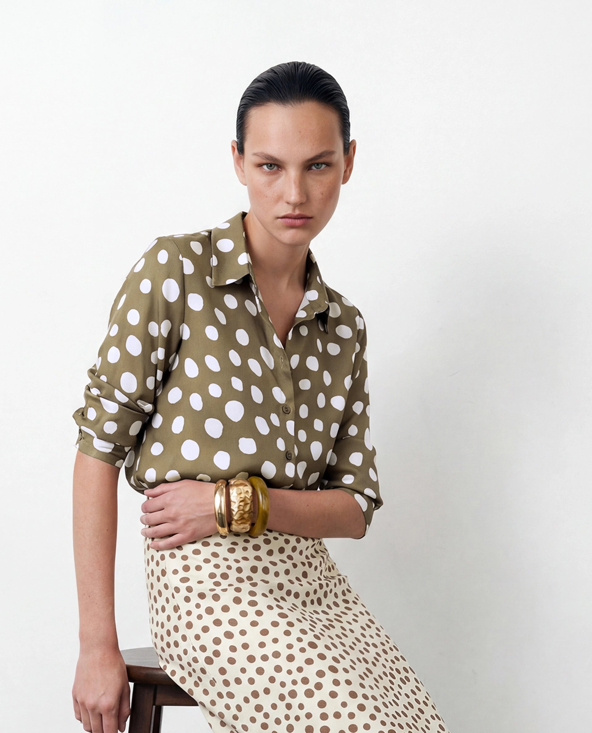 Rareism Women's Polro Olive Polka Dot Polyester Regular Fit Long Sleeve Shirt