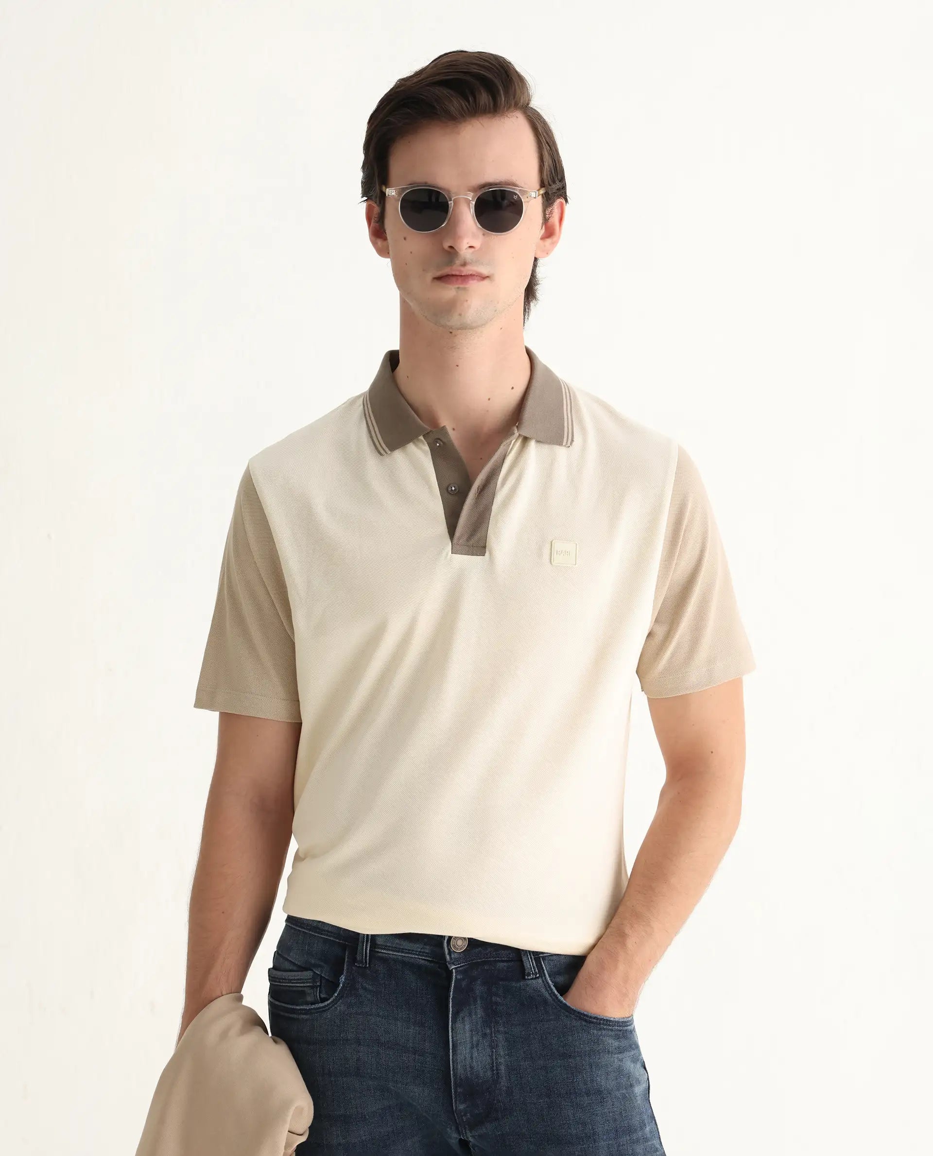 Rare Rabbit Men's Polf Off White Cotton Plain Regular Fit Half Sleeve Polo