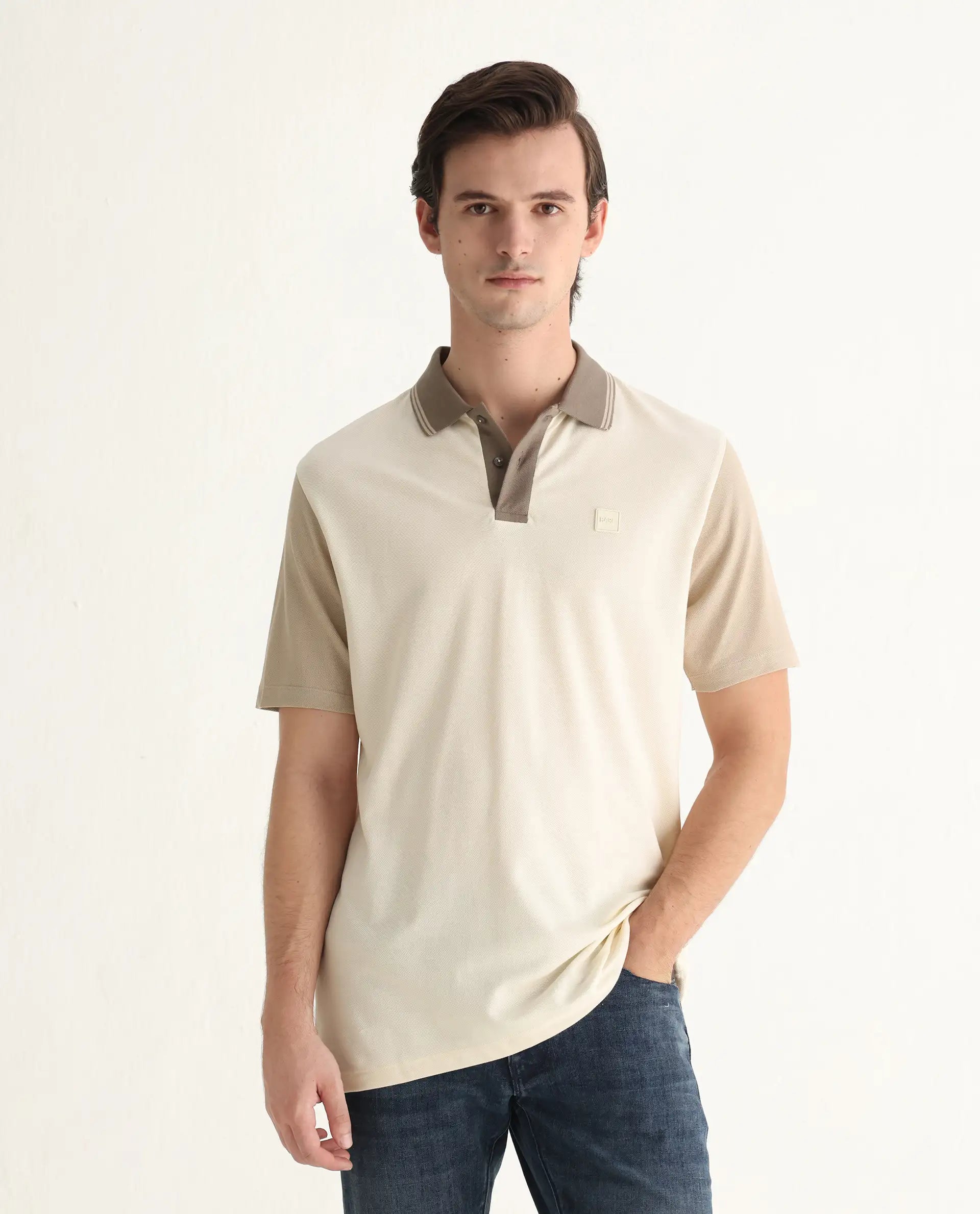 Rare Rabbit Men's Polf Off White Cotton Plain Regular Fit Half Sleeve Polo