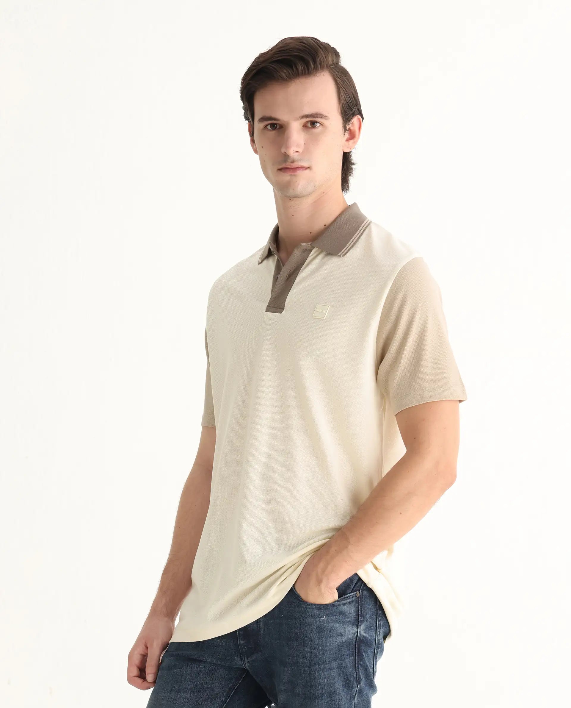 Rare Rabbit Men's Polf Off White Cotton Plain Regular Fit Half Sleeve Polo