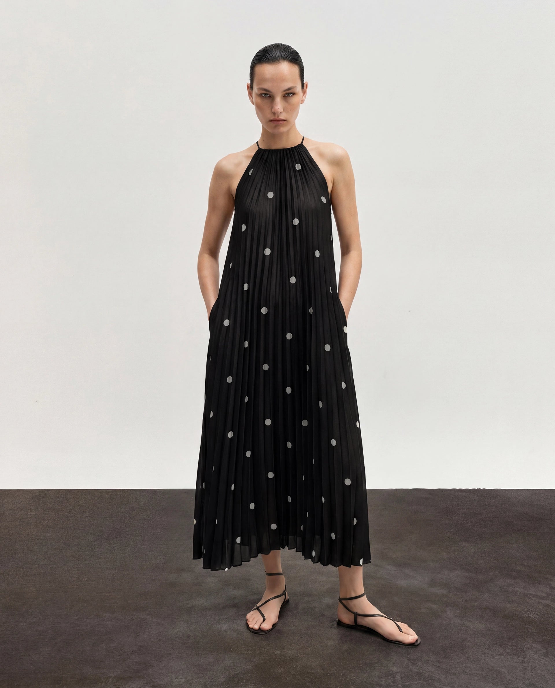Rareism Women's Poli Black Polyester Halter Neck Button And Zip A-Line Polka Print Dress
