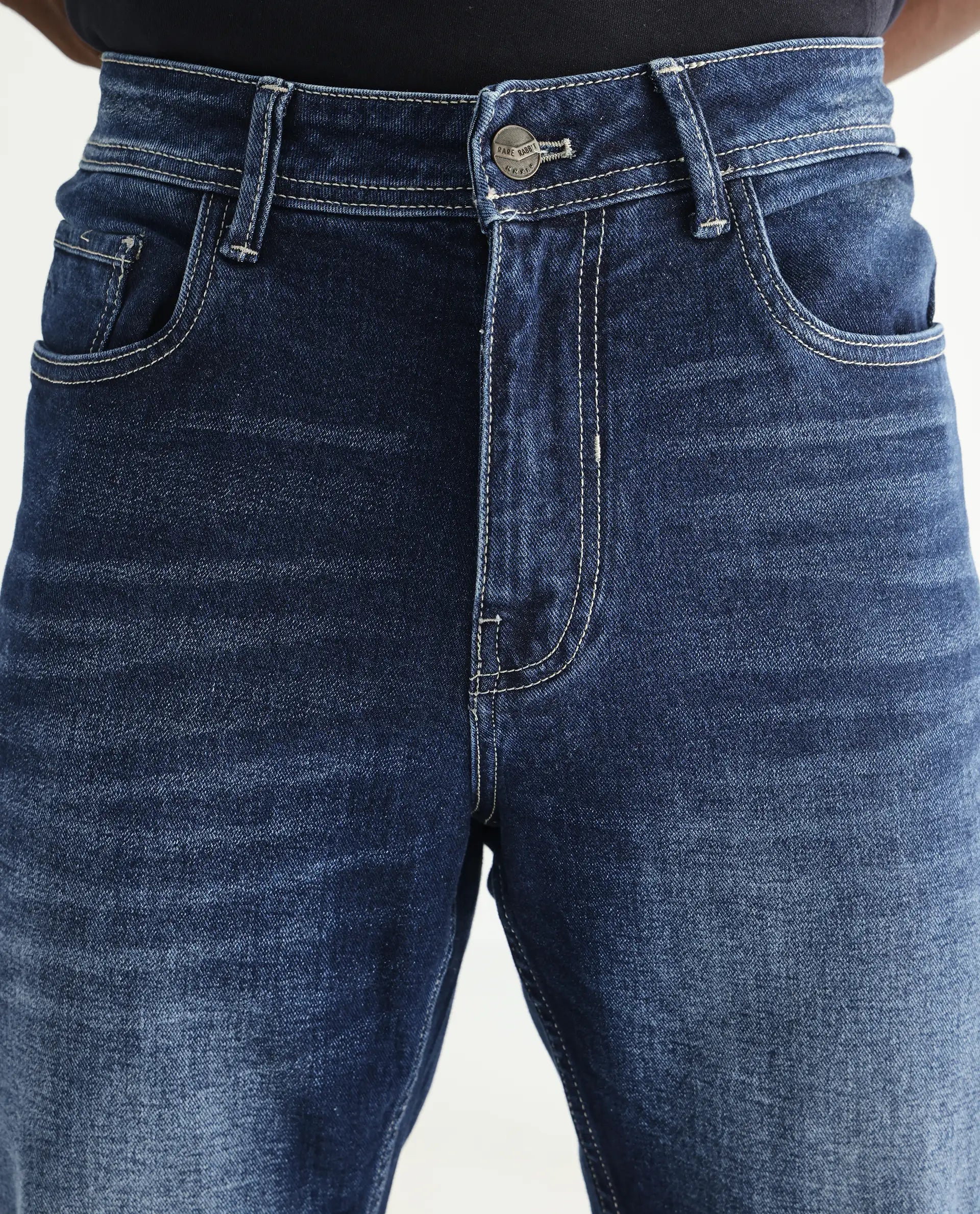 Rare Rabbit Men's Polin Blue Cotton Plain Morris Regular Fit Jeans