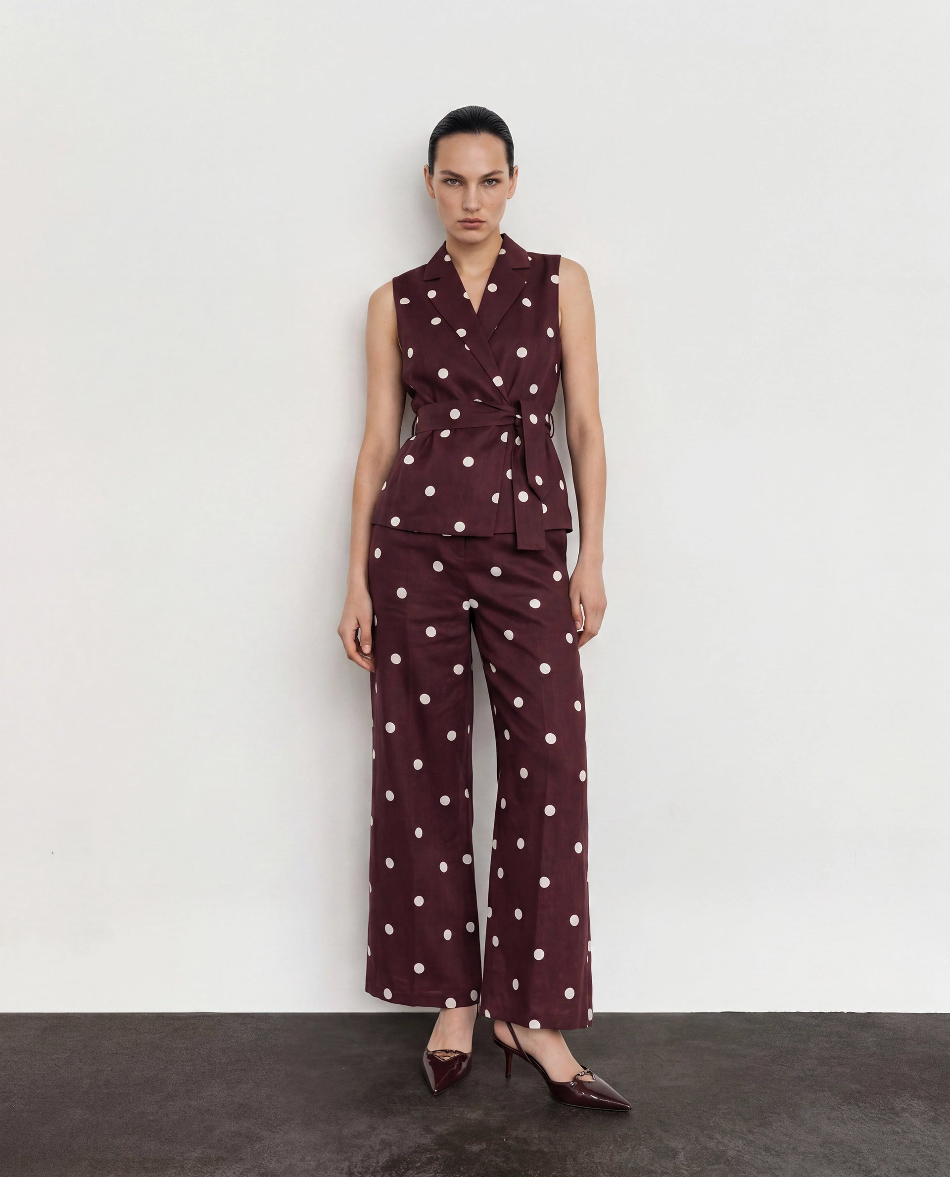 Rareism Women's Polvo-B Maroon Cotton Button And Zip Wide Polka Print Trouser